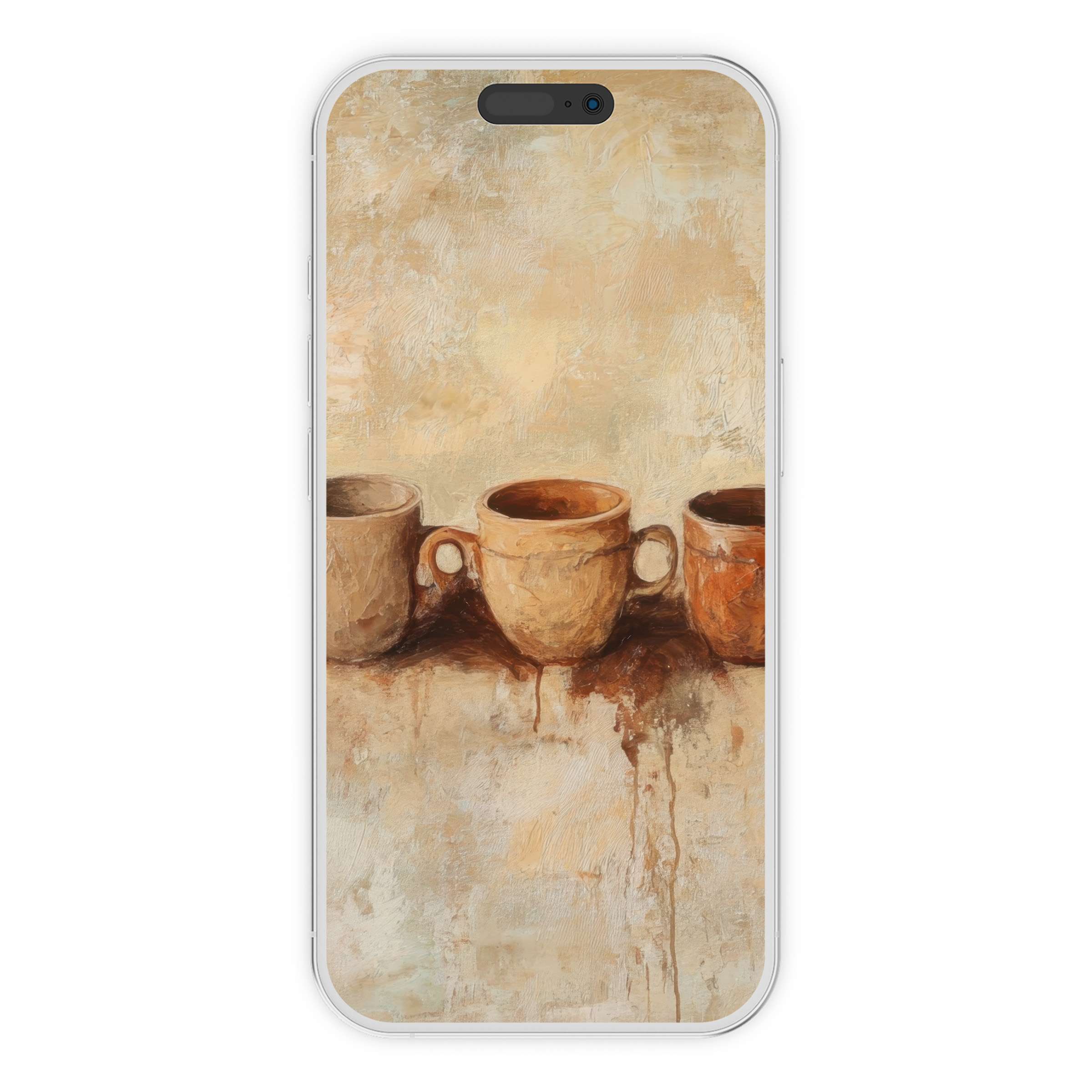 Warm earthy tones of boho iPhone wallpaper create a serene phone background in this digital download, with rustic ceramic mugs