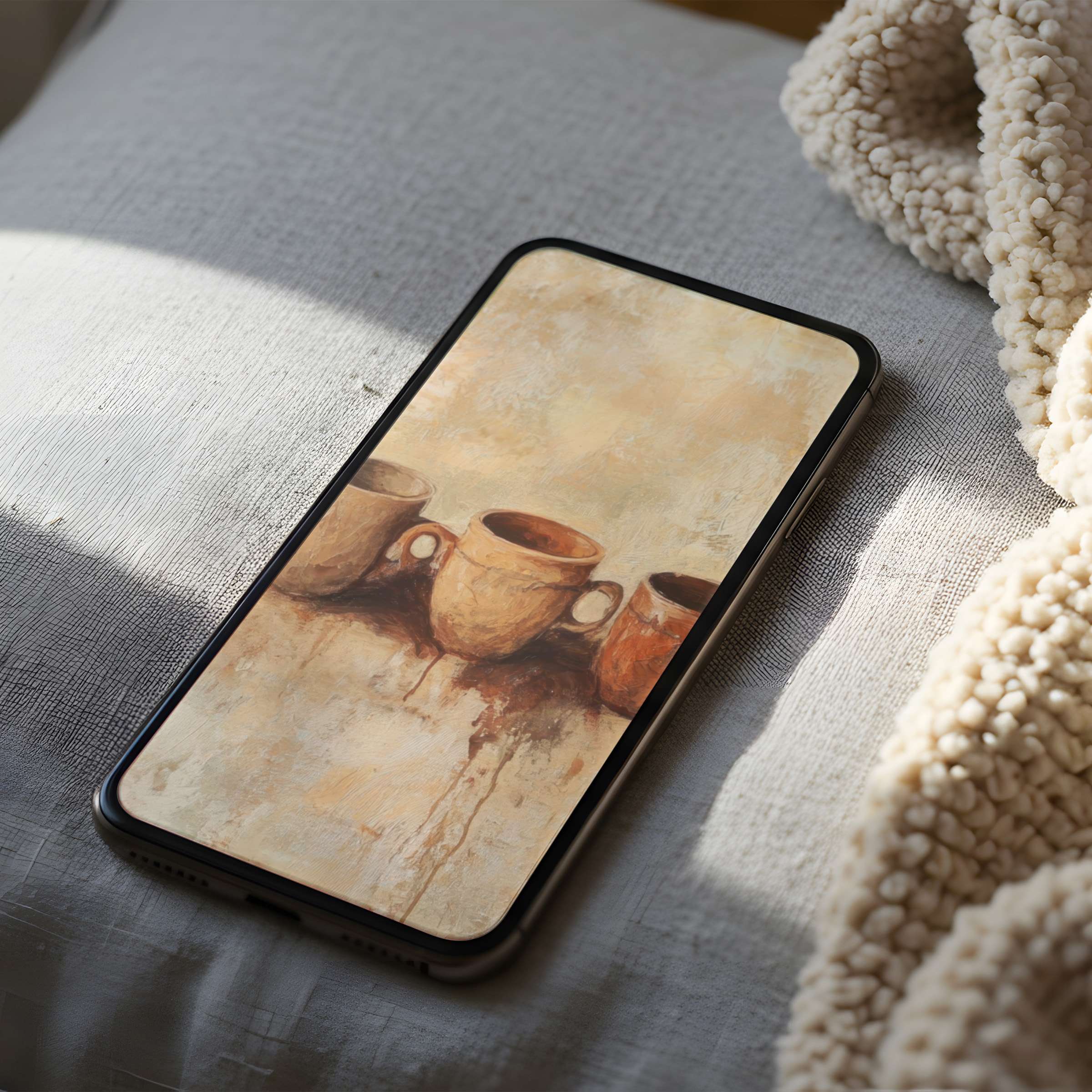 Calm your mind with this curated phone wallpaper featuring rustic cups and earthy tones perfect for iPhone or Android download