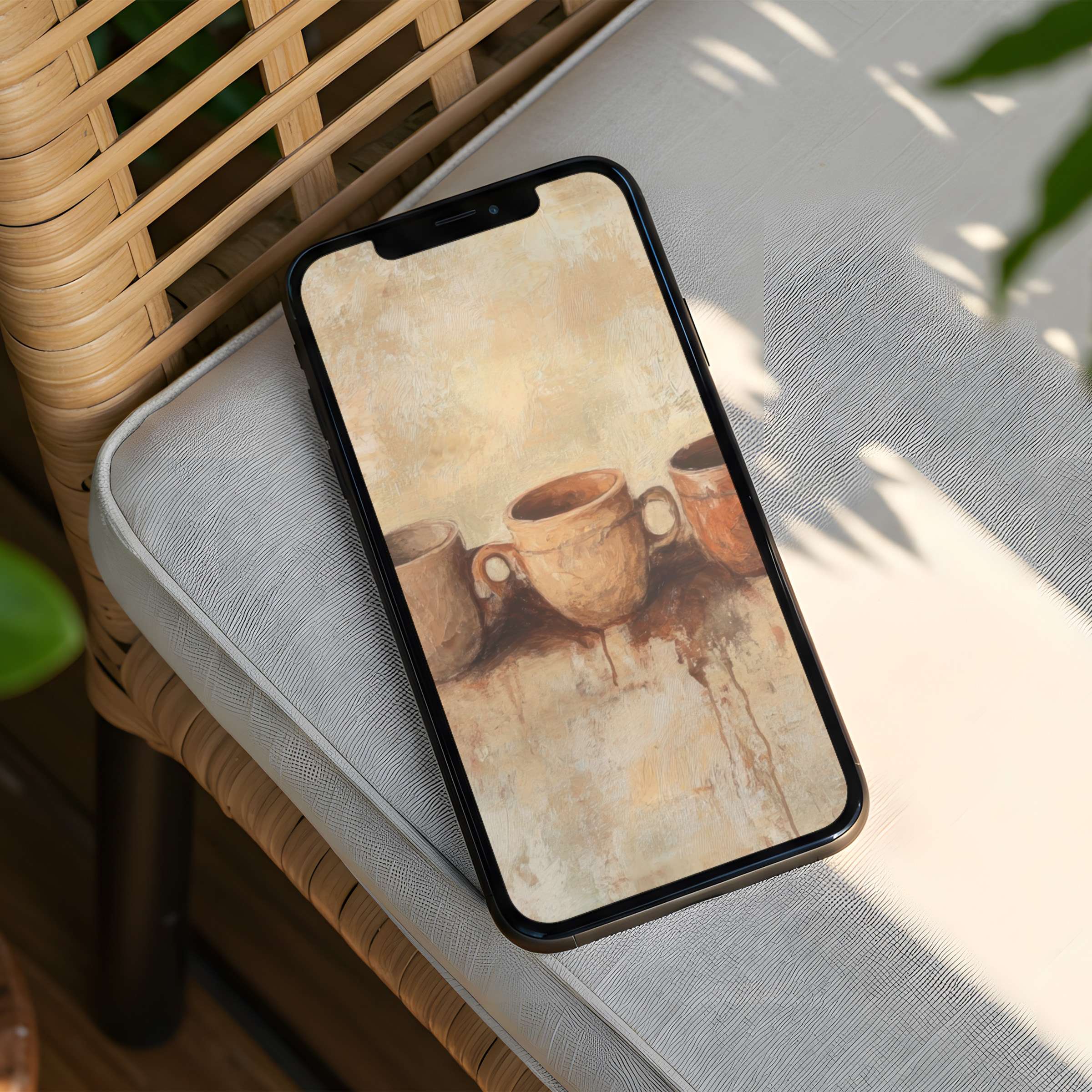 Elegant iPhone background with warm, textured coffee cup art inspires calm mindfulness and is available for instant download for any phone