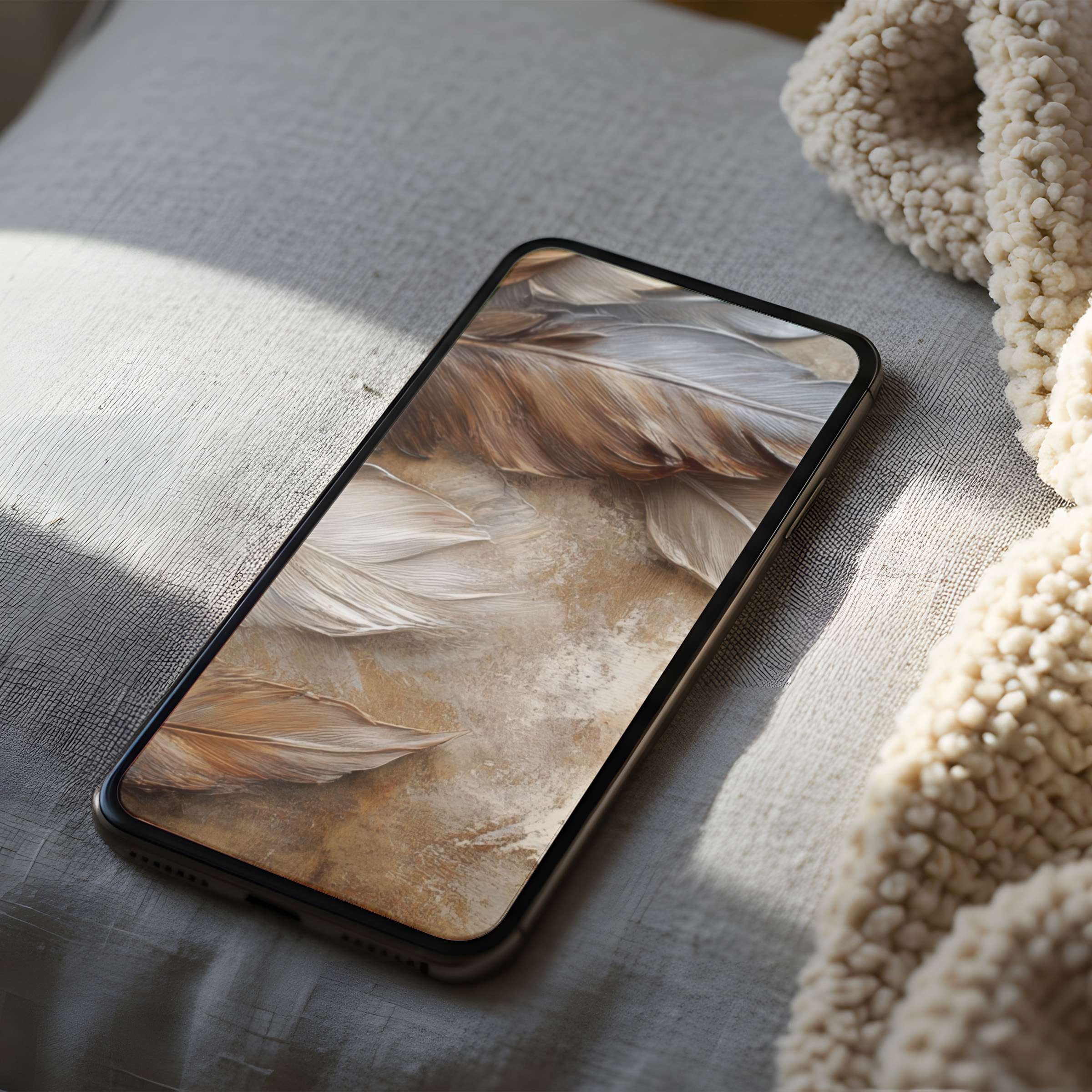 Feather-themed phone wallpaper in soft beige and gray offers a serene, high-resolution design, perfect for iPhone and Android digital download