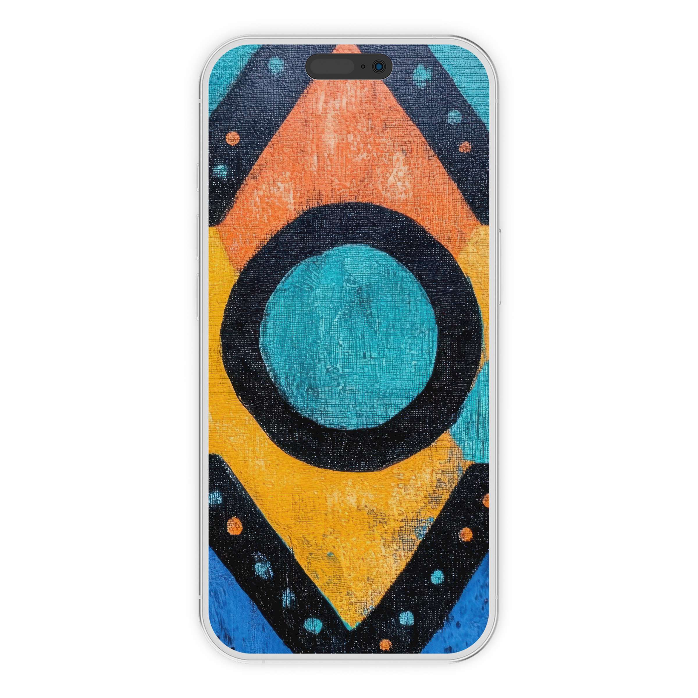 Boho iPhone wallpaper featuring abstract geometric patterns in turquoise, orange, and black offers a serene digital download phone background