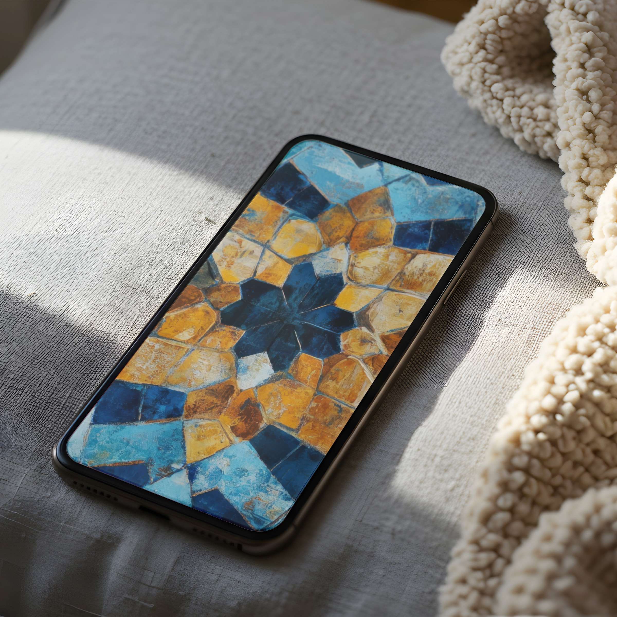 Elegant phone wallpaper featuring a high-resolution mosaic in calming blues and warm golds, perfect for iPhone or Android download