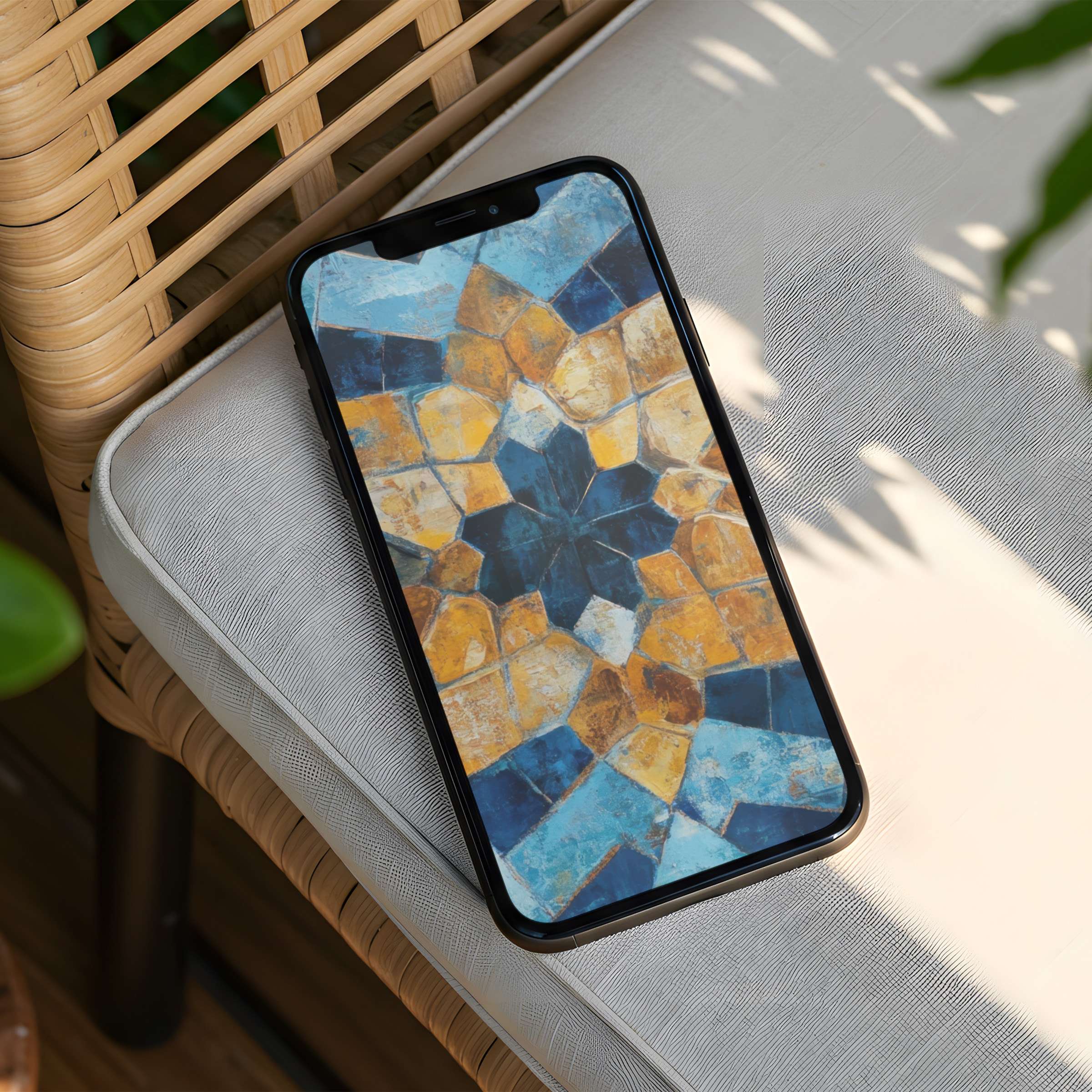 Elegant mosaic iPhone background featuring soothing blue and gold tones for instant download on any phone inspiring calm and mindfulness