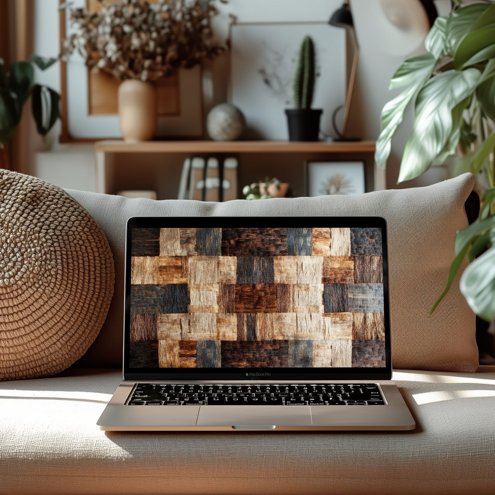 Boho desktop wallpaper featuring a warm textured patchwork design in earthy brown and beige tones, displayed on a MacBook Pro in a cozy modern living room - perfect for adding natural bohemian style to your workspace