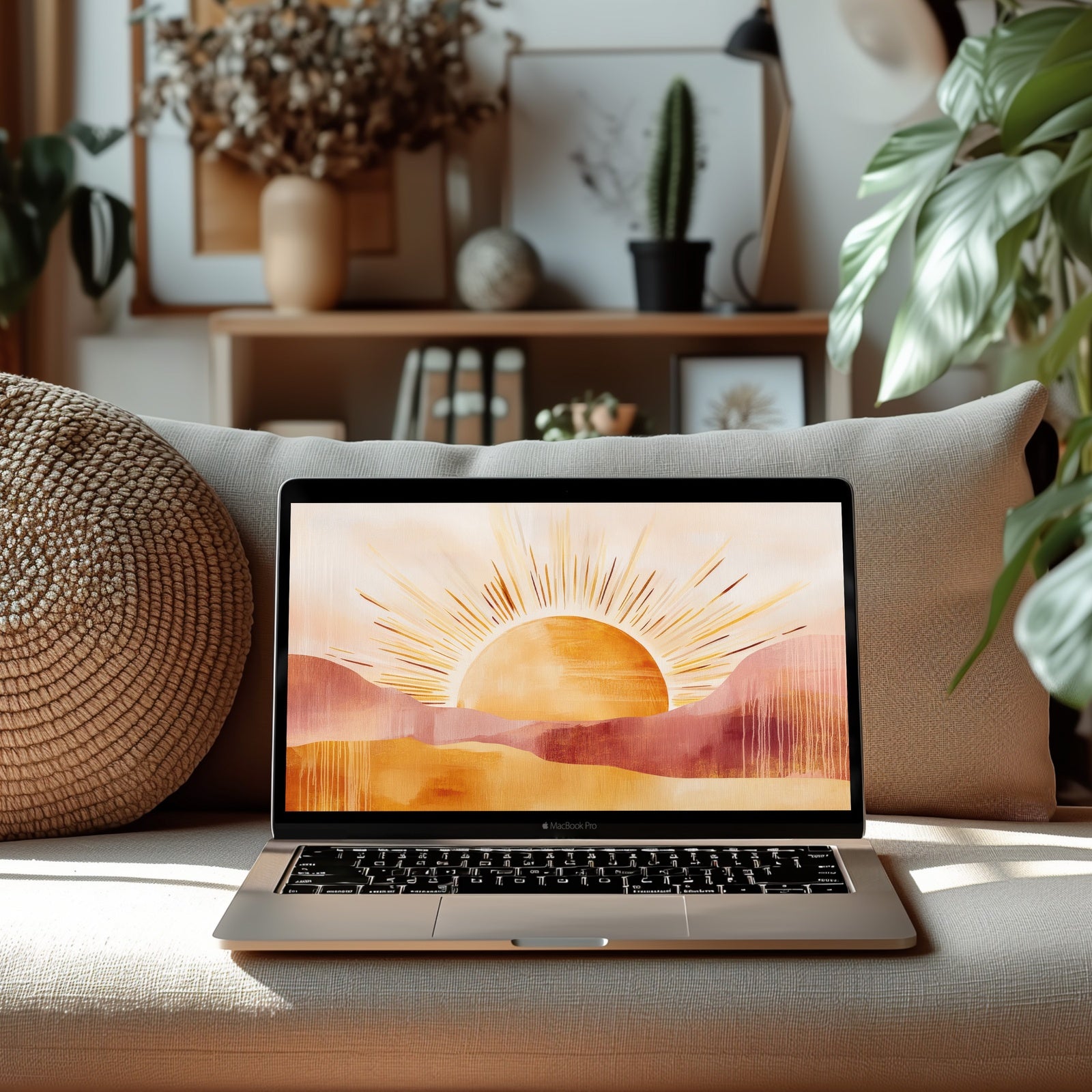 Boho desktop wallpaper featuring a warm sun rising over abstract desert hills - painted in earthy tones of terracotta and gold to bring calm, creativity, and free-spirited energy to your digital workspace