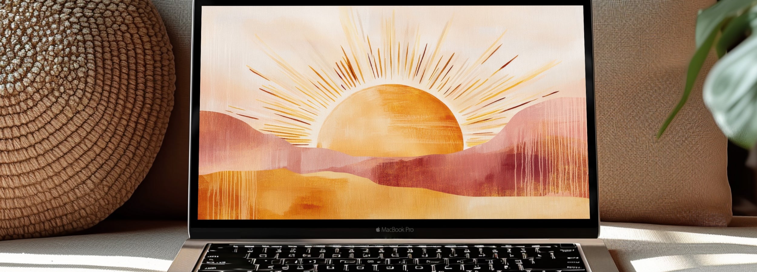 Boho desktop wallpaper featuring a warm sun illustration on a MacBook Pro, surrounded by cozy natural textures. Earthy digital art for effortless, intentional living by Gallery Flair