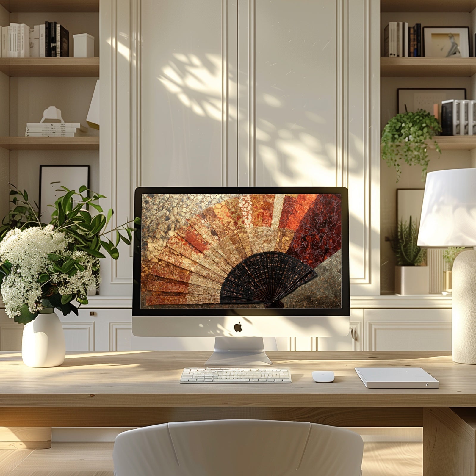 Boho desktop background featuring a vintage fan design on an iMac in a bright, cozy workspace. Warm earthy tones and artistic texture bring a sense of calm and creative inspiration - digital art by Gallery Flair