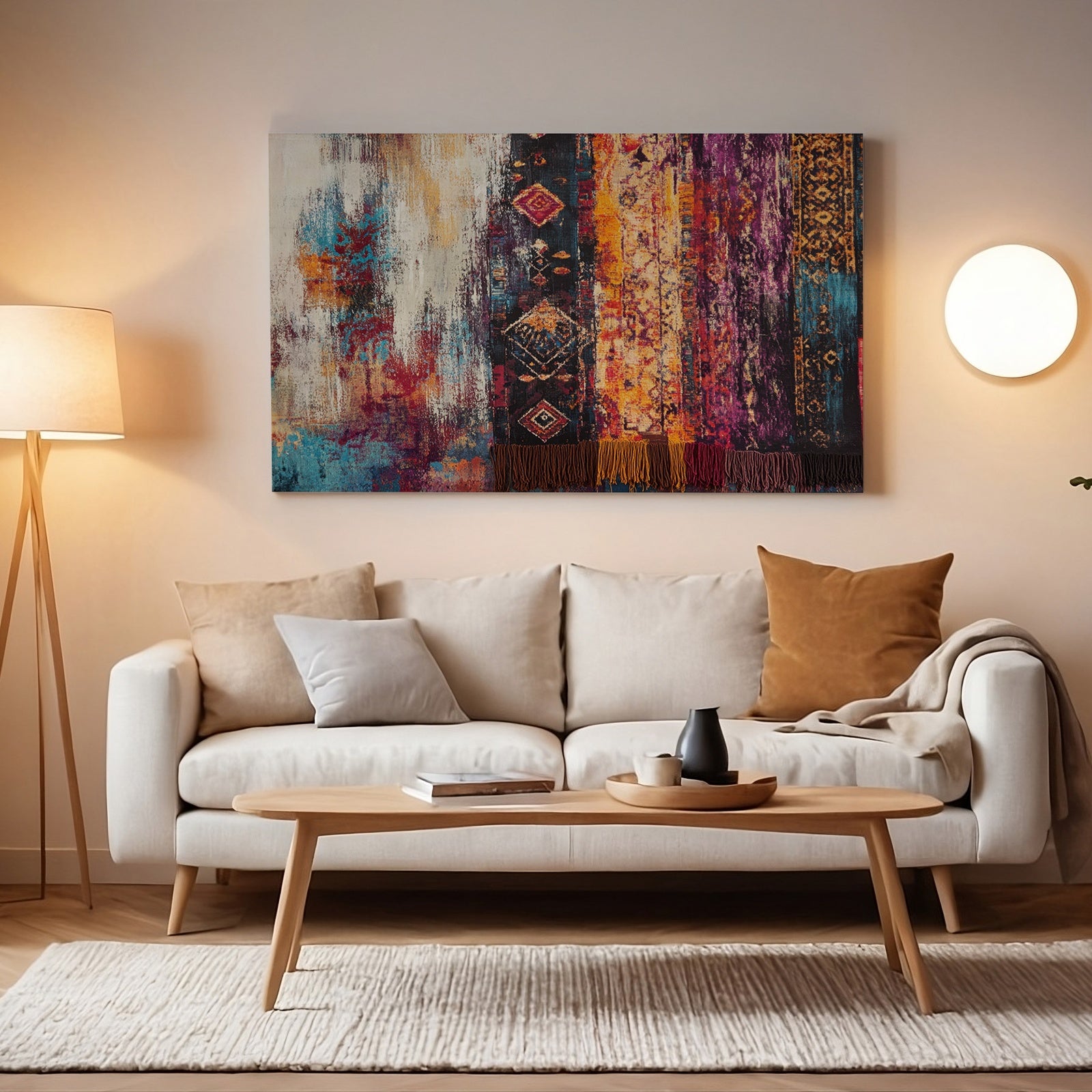 Boho printable wall art featuring a vibrant abstract tapestry design in warm earthy tones with tribal patterns, displayed above a beige sofa in a cozy, softly lit modern living room
