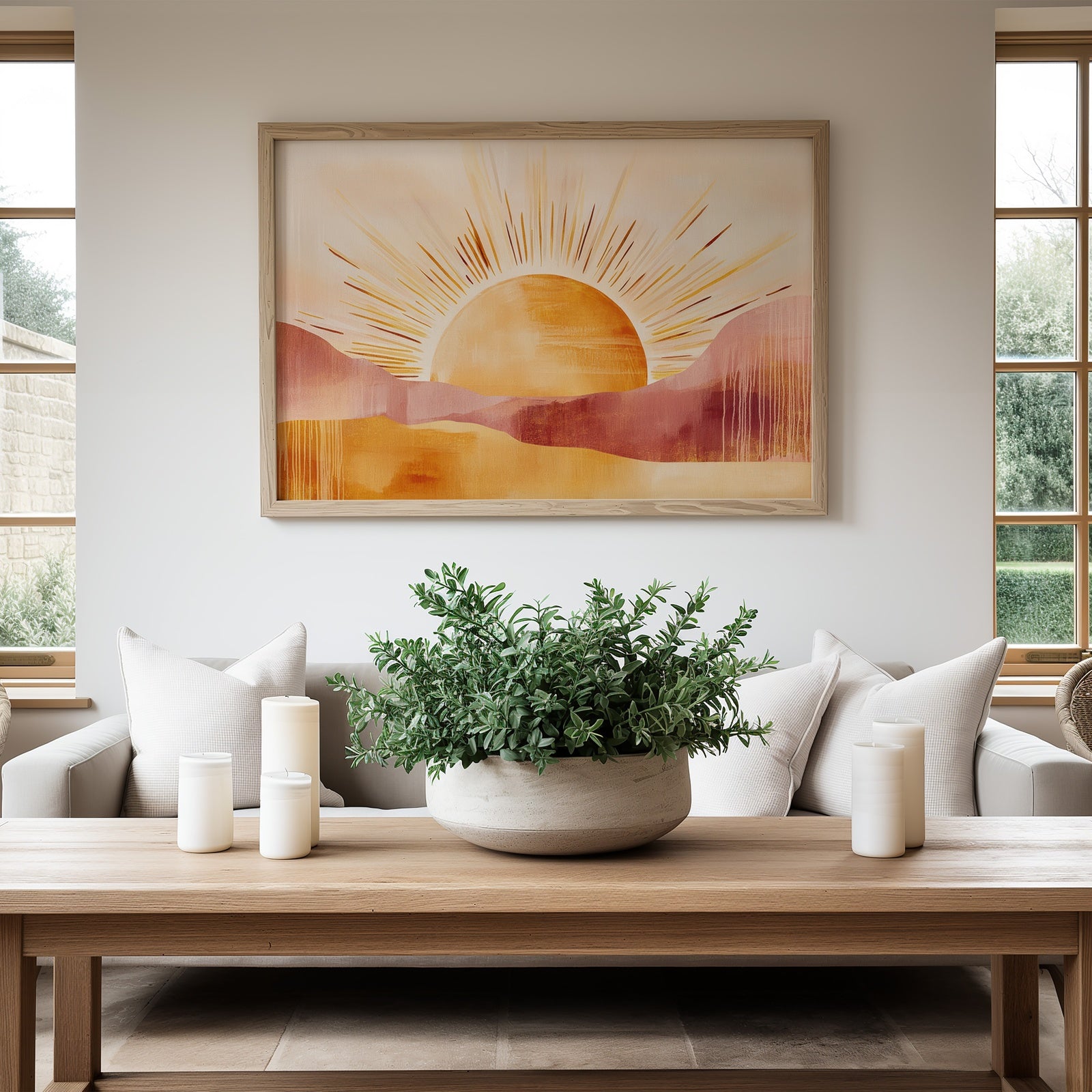Boho digital print featuring a warm abstract sun rising over soft desert hills in orange and pink tones, displayed in a light-filled modern living room with neutral decor and natural wood accents