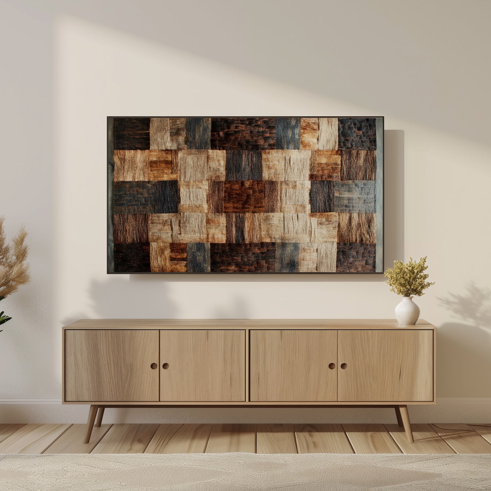 Boho Frame TV Art with Tapestry in Modern Living Room