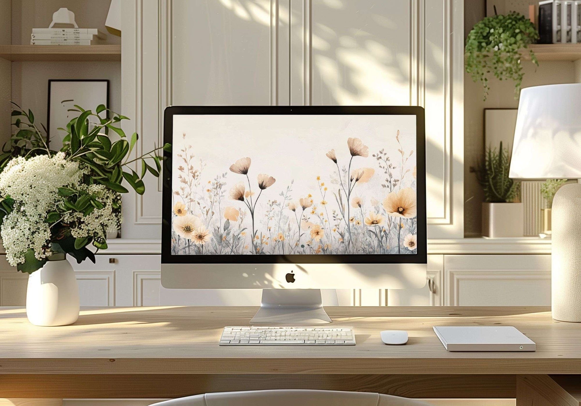 Boho desktop wallpaper featuring delicate beige and cream wildflowers in soft watercolor tones. A serene floral background that adds warmth, calm, and effortless elegance to any modern workspace