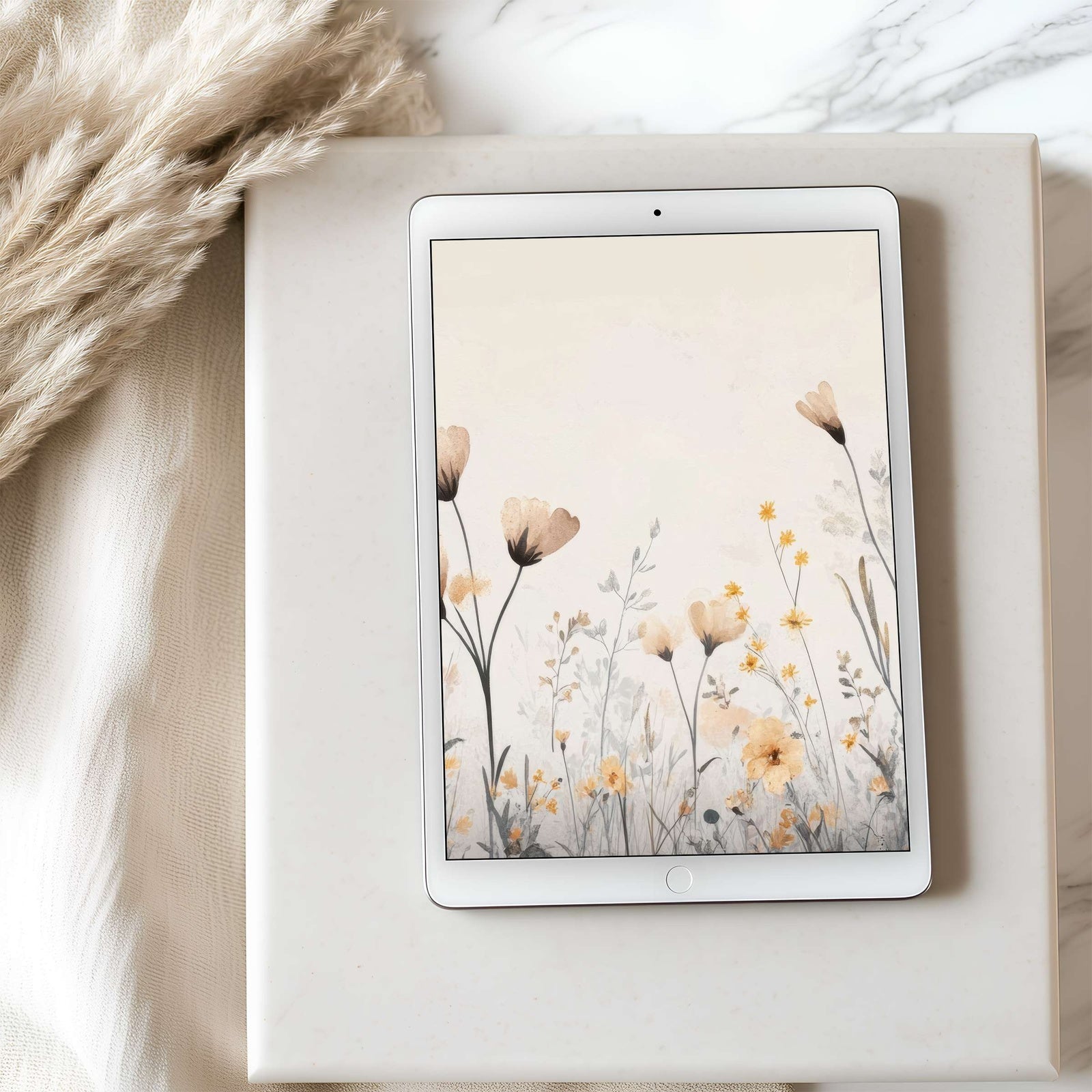 Boho floral iPad wallpaper with soft beige and yellow wildflowers, minimalist desert-inspired tablet background that brings warmth, elegance, and natural charm to your digital space