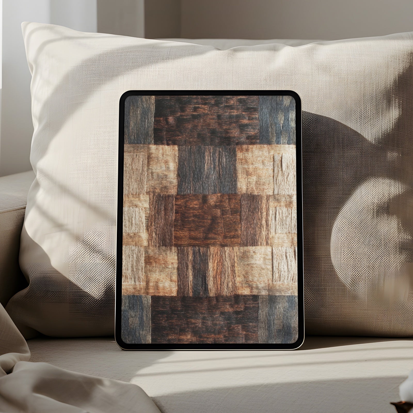 Boho iPad wallpaper with natural wood texture in warm earthy tones, rustic geometric tablet background that adds cozy, organic charm and modern bohemian style to your digital space