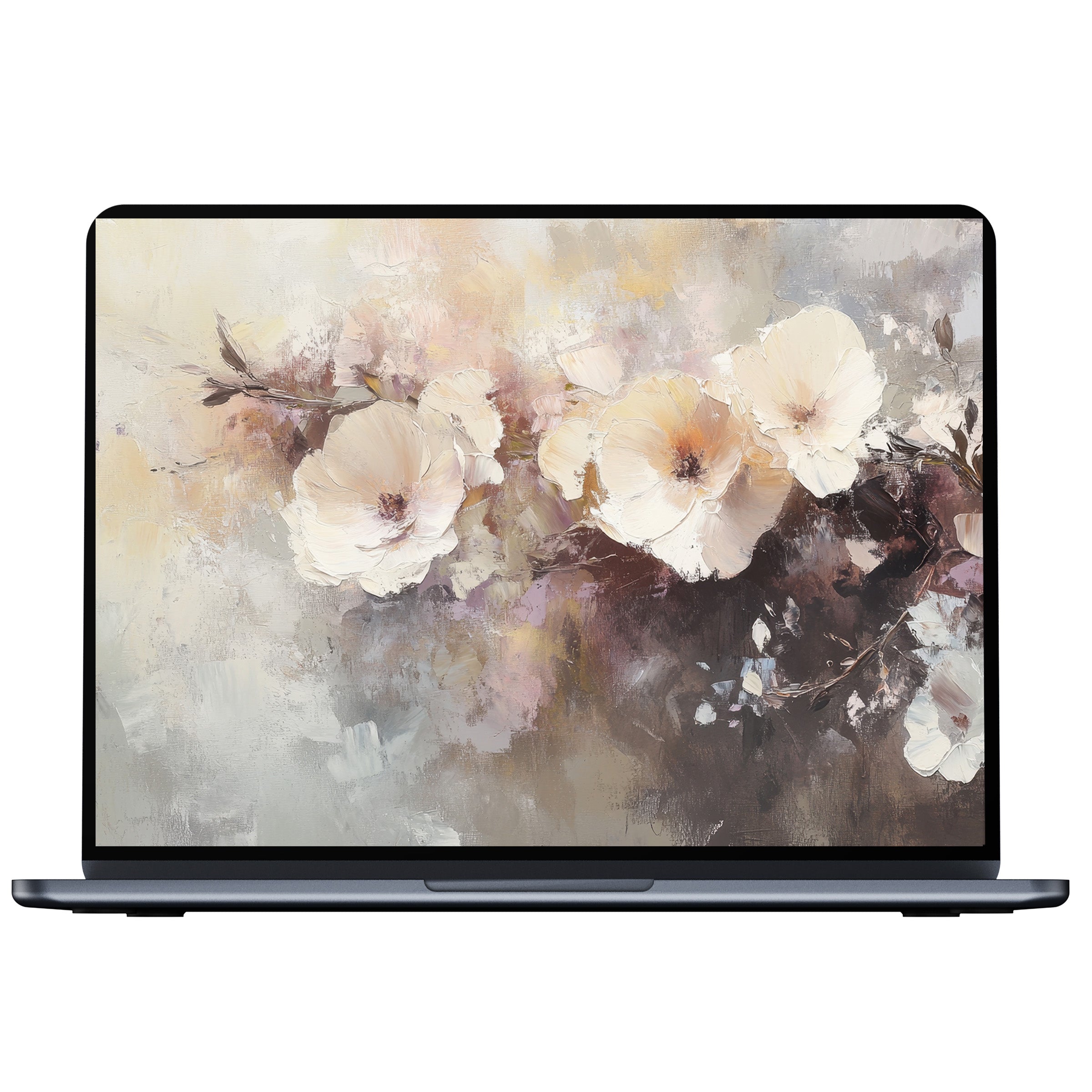 Serene botanical desktop wallpaper with soft florals in beige and lavender, perfect digital download for PC or laptop, inspires elegance