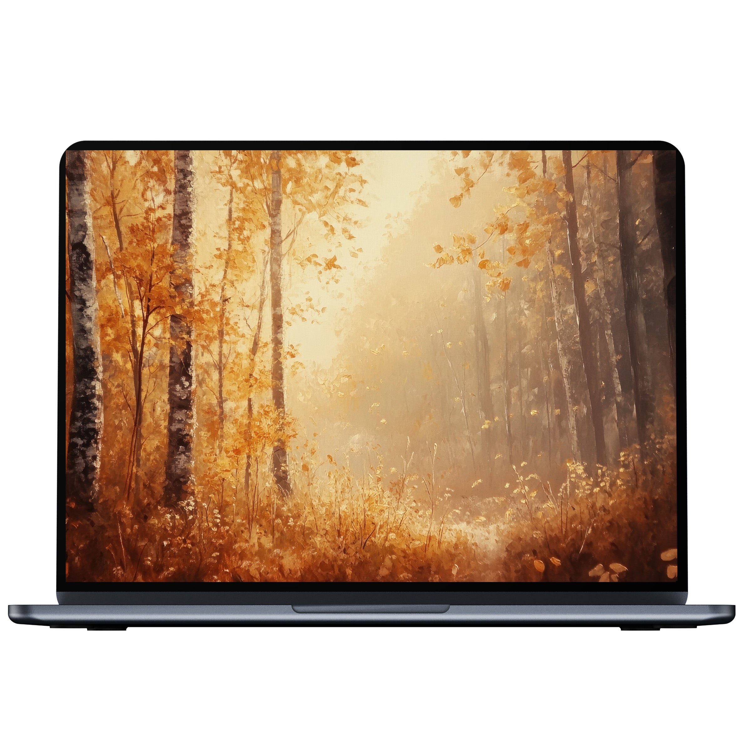 Elegant botanical desktop wallpaper digital download for PC, laptop, or Mac featuring serene autumn forest in warm golden hues