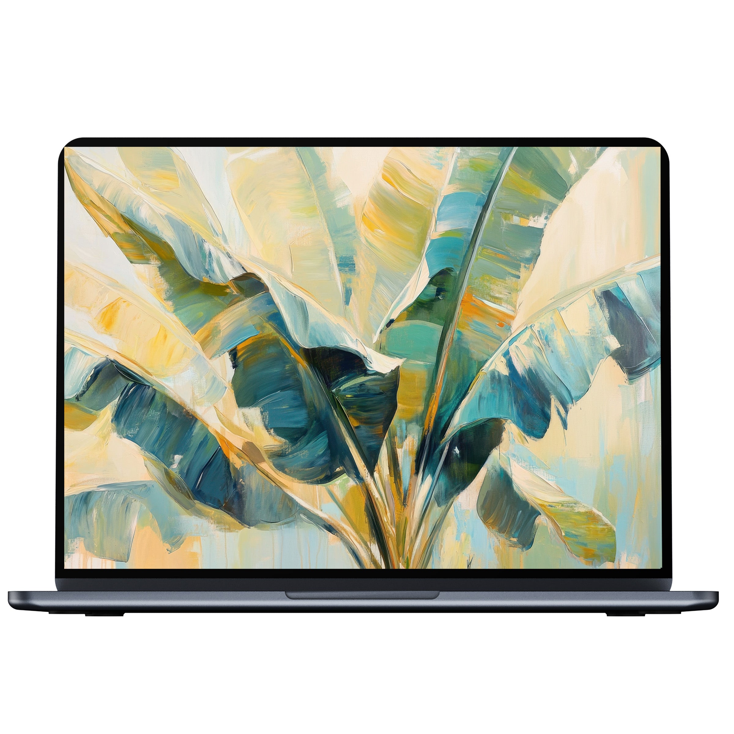 Elegant botanical desktop wallpaper digital download featuring painterly banana leaves in soothing greens and yellows fits PC and laptop