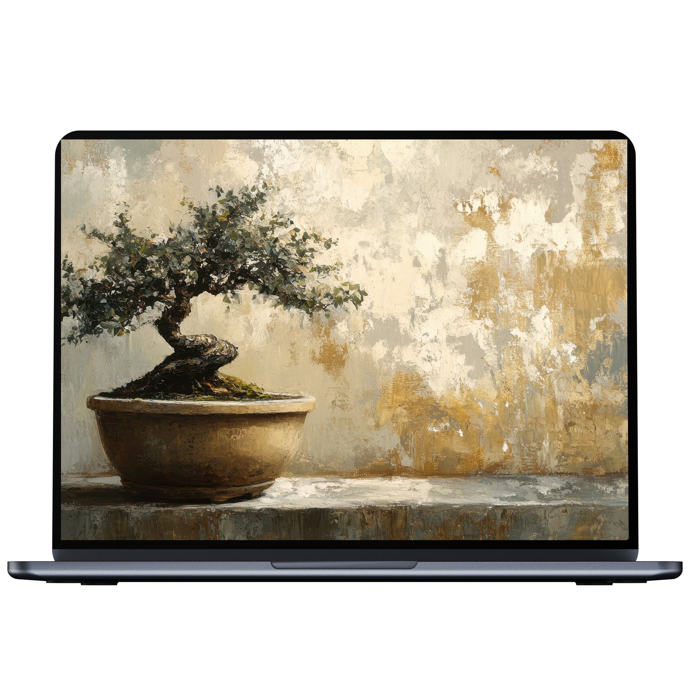 Elegant botanical desktop wallpaper digital download featuring a serene bonsai against textured gold tones ideal for PC and laptop backgrounds