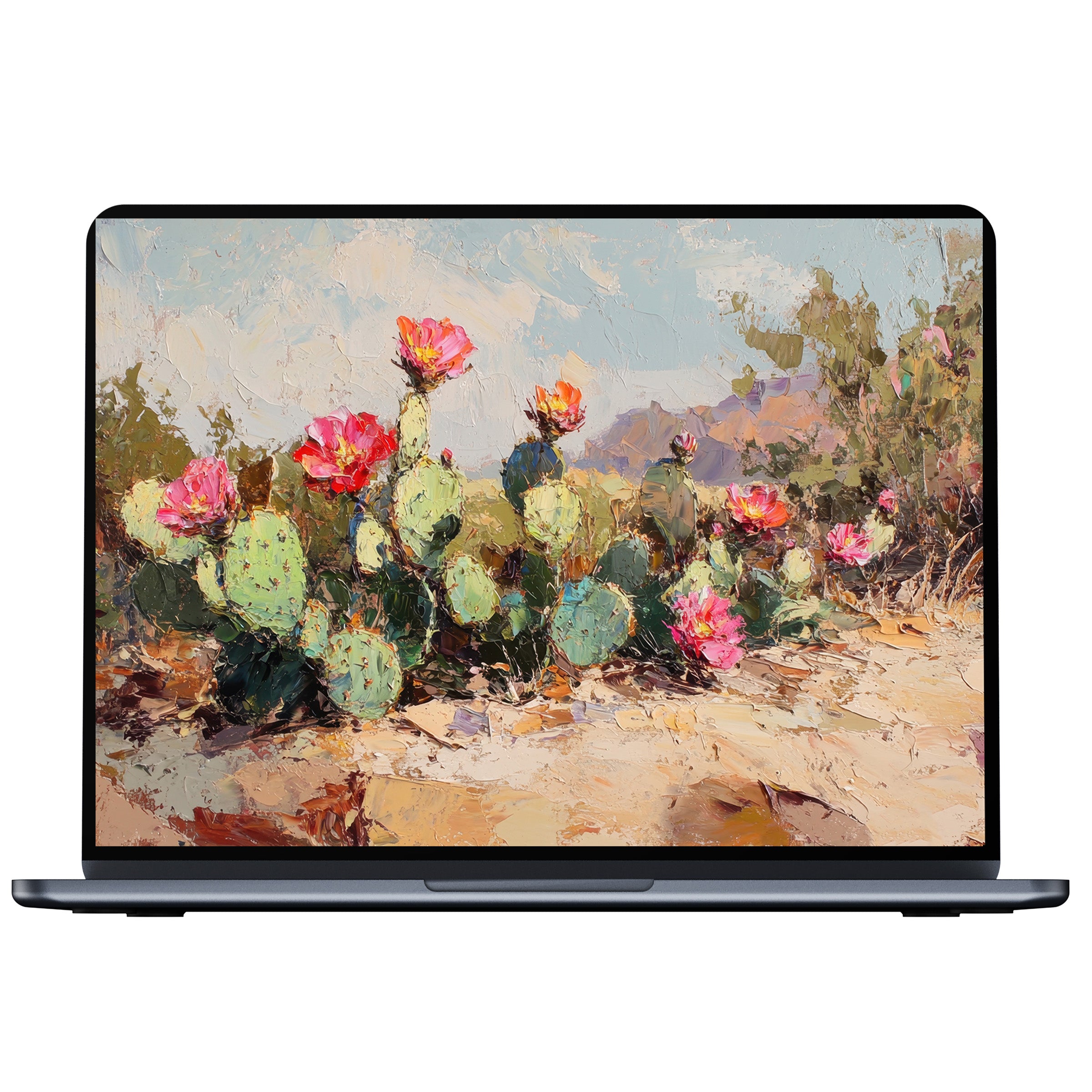 Colorful cactus blossom scene with vibrant hues on a botanical desktop wallpaper for PC and laptop digital download elegance