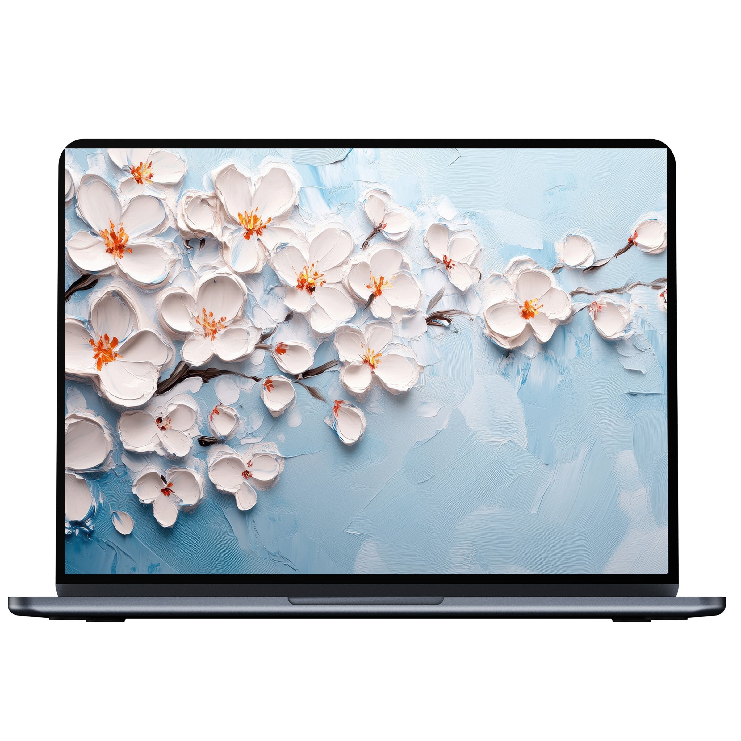 Elegant botanical desktop wallpaper digital download showcasing serene white blossoms on a calming blue backdrop for PC or laptop