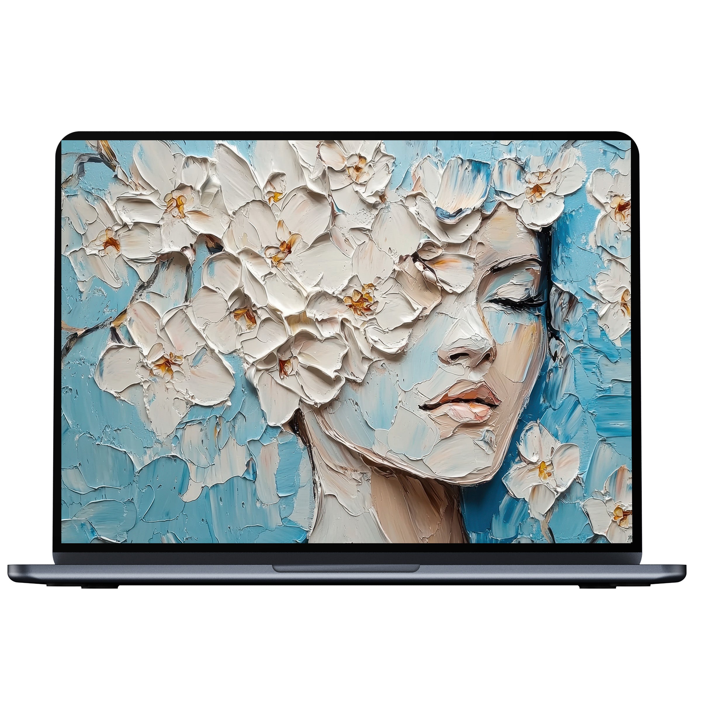 Elegant botanical desktop wallpaper digital download featuring serene floral textures in calming blues and whites for PC and laptop