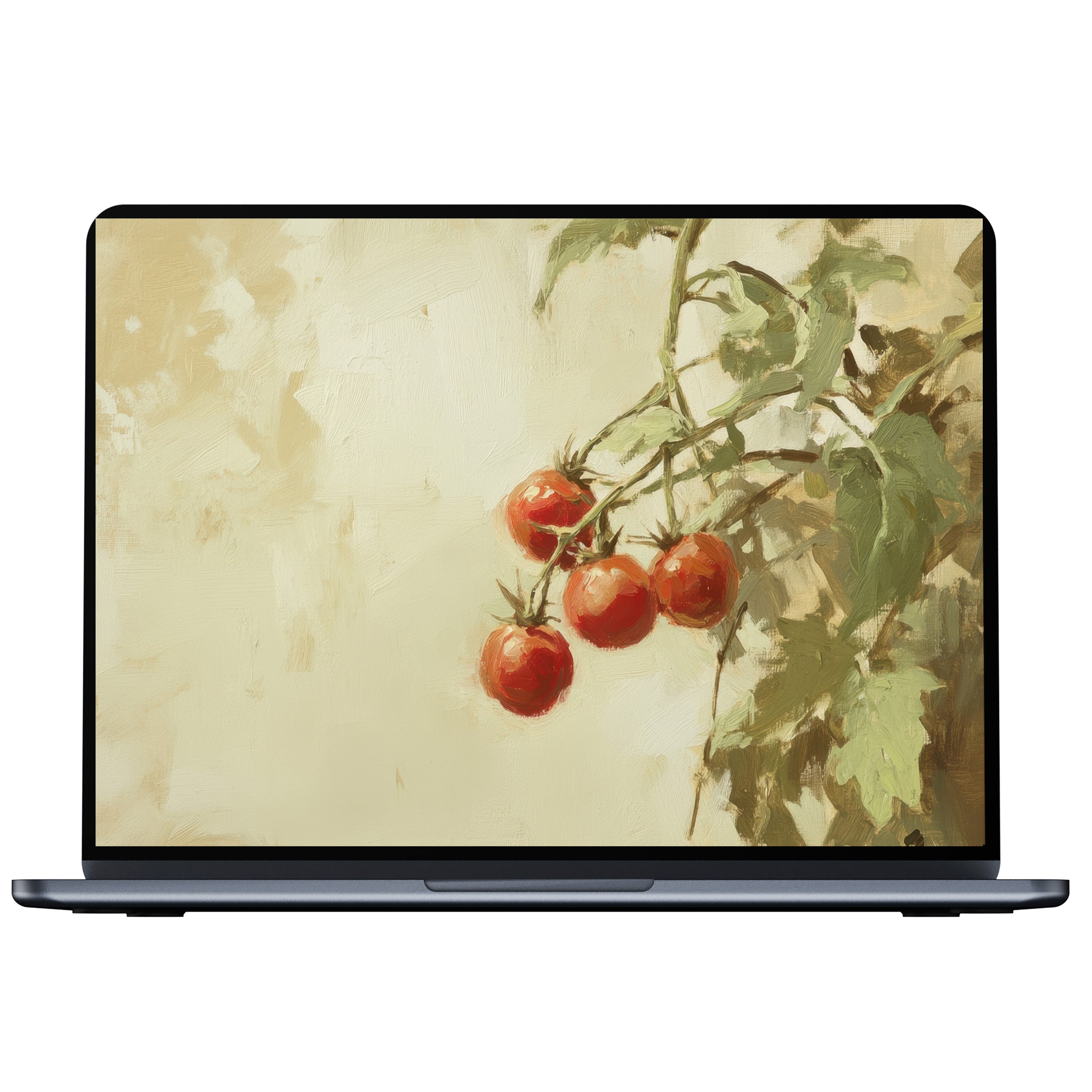 Botanical desktop wallpaper featuring vibrant tomatoes, perfect digital download for PC, laptop, or Mac to inspire calm elegance