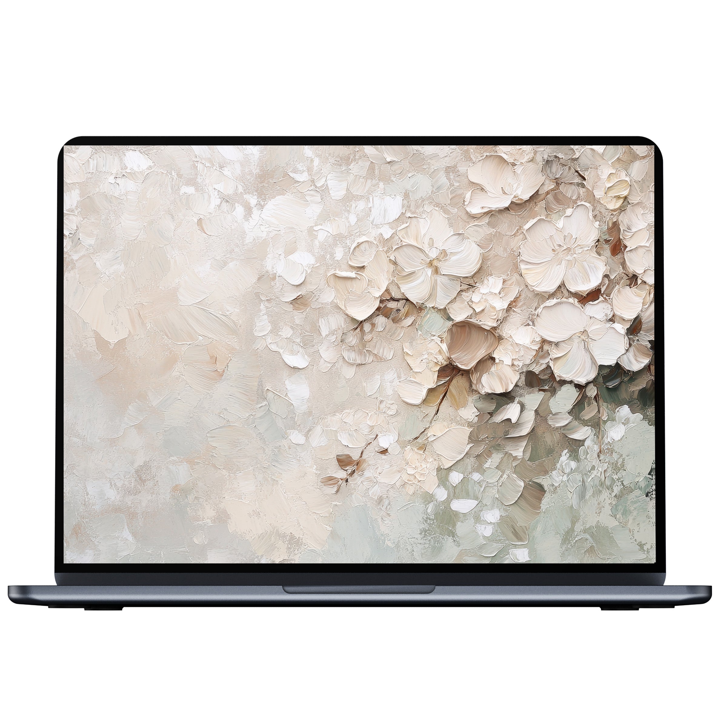 Elegant botanical desktop wallpaper digital download with soft beige floral textures inspires calm and fits PC, laptop, and Mac