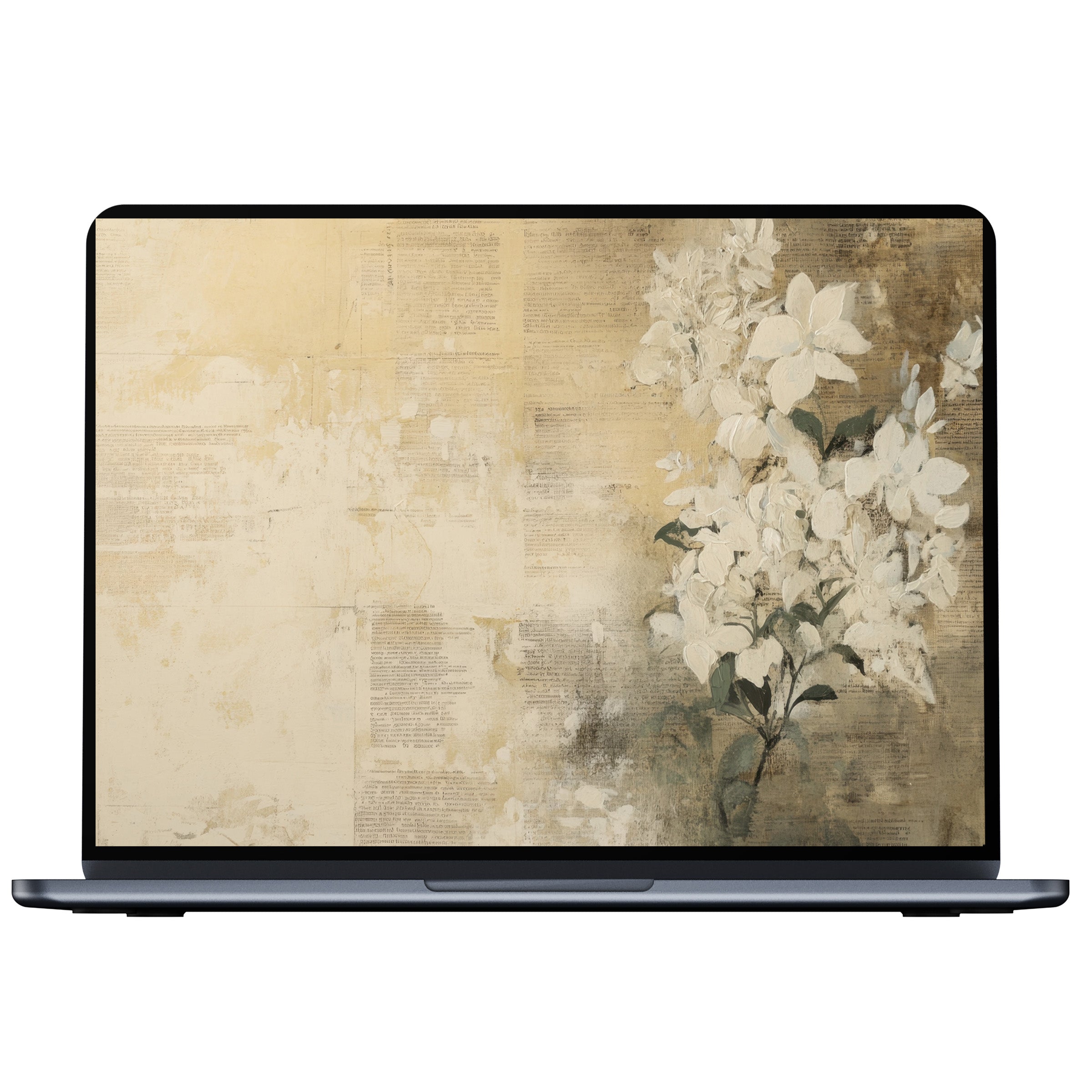 Elegant botanical desktop wallpaper in neutral tones with delicate white flowers, perfect digital download for PC, laptop, or Mac