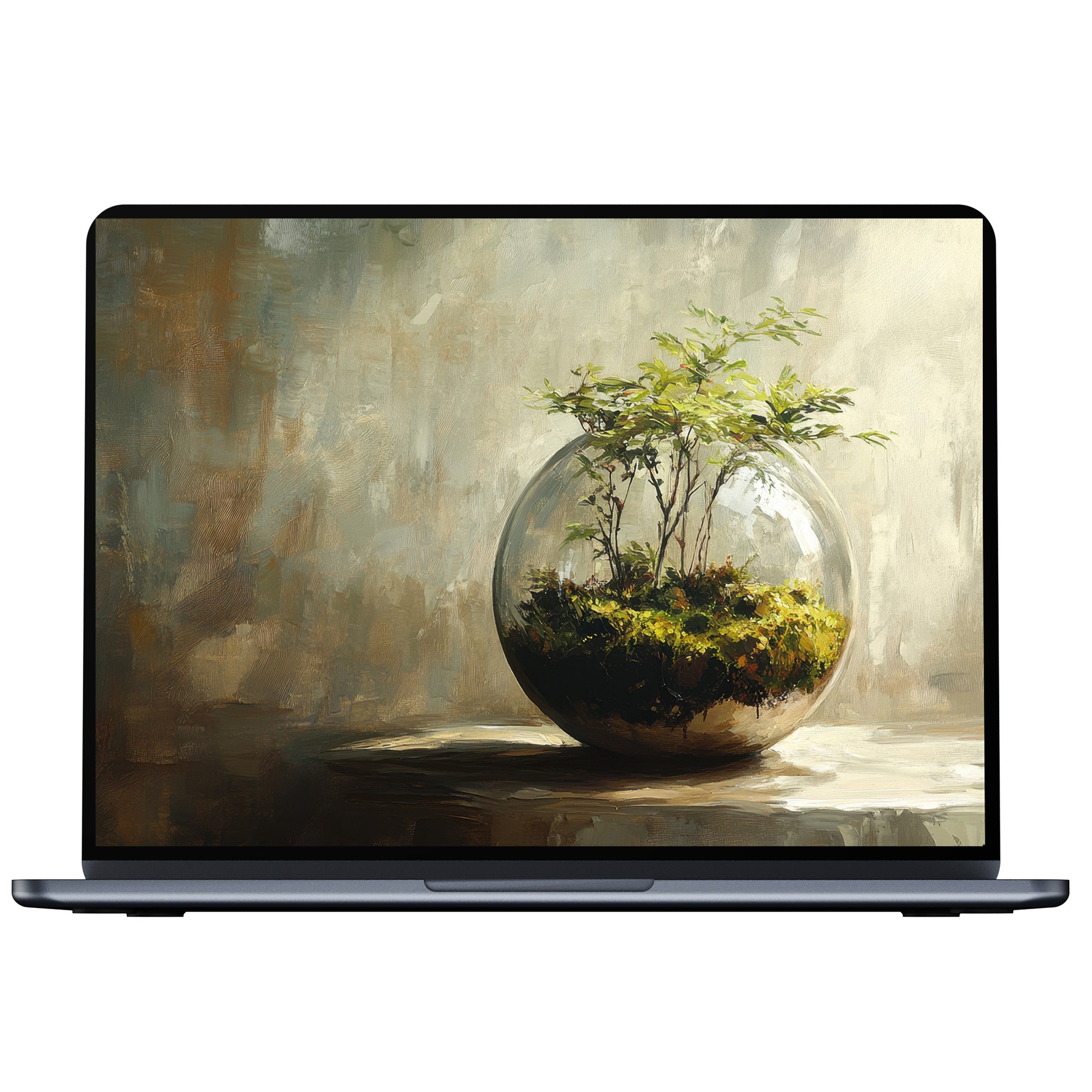 Botanical desktop wallpaper featuring serene terrarium art in soft earth tones as a digital download for PC and laptop tranquility