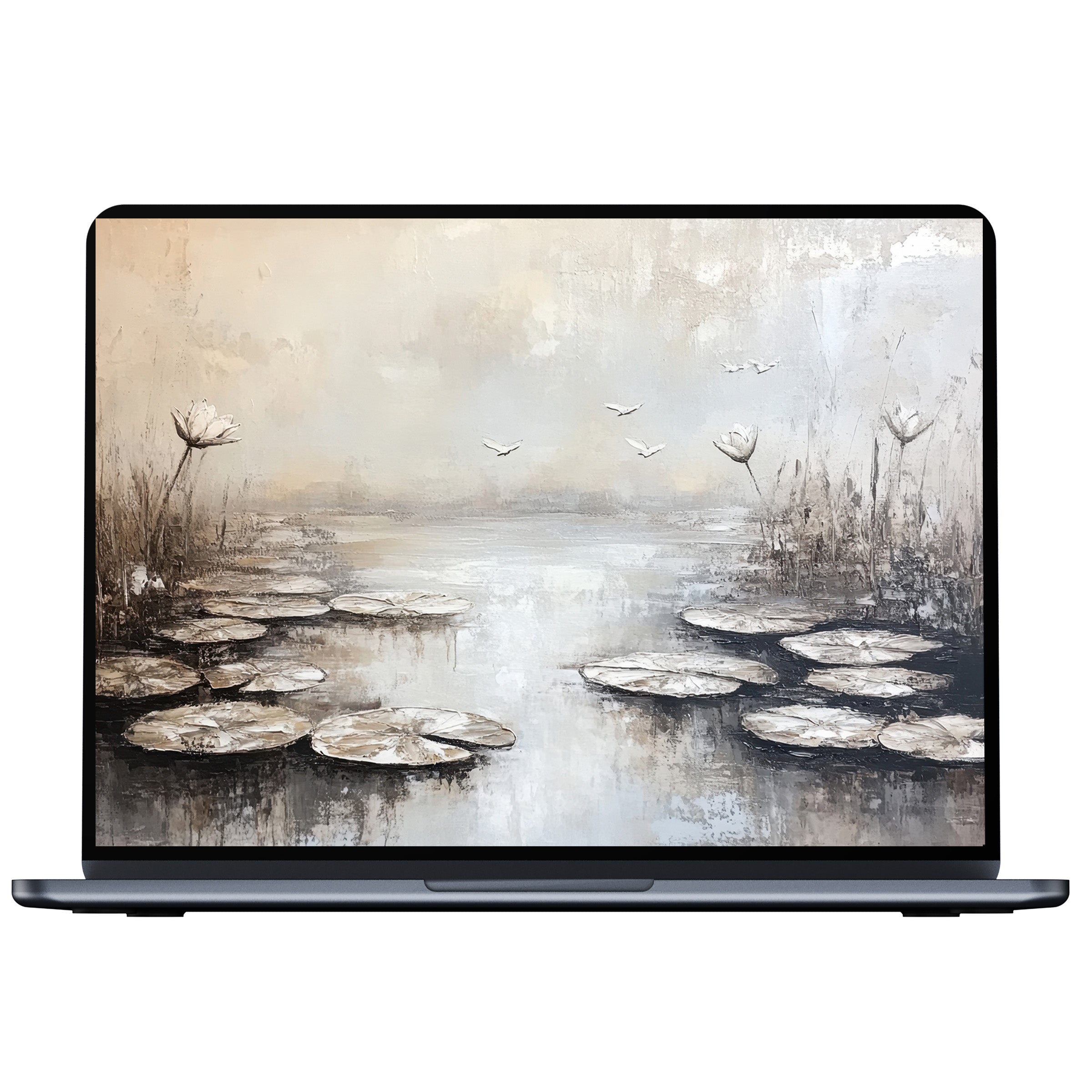 Elegant botanical desktop wallpaper showcasing serene lily pads in muted tones, perfect for PC or laptop digital download use