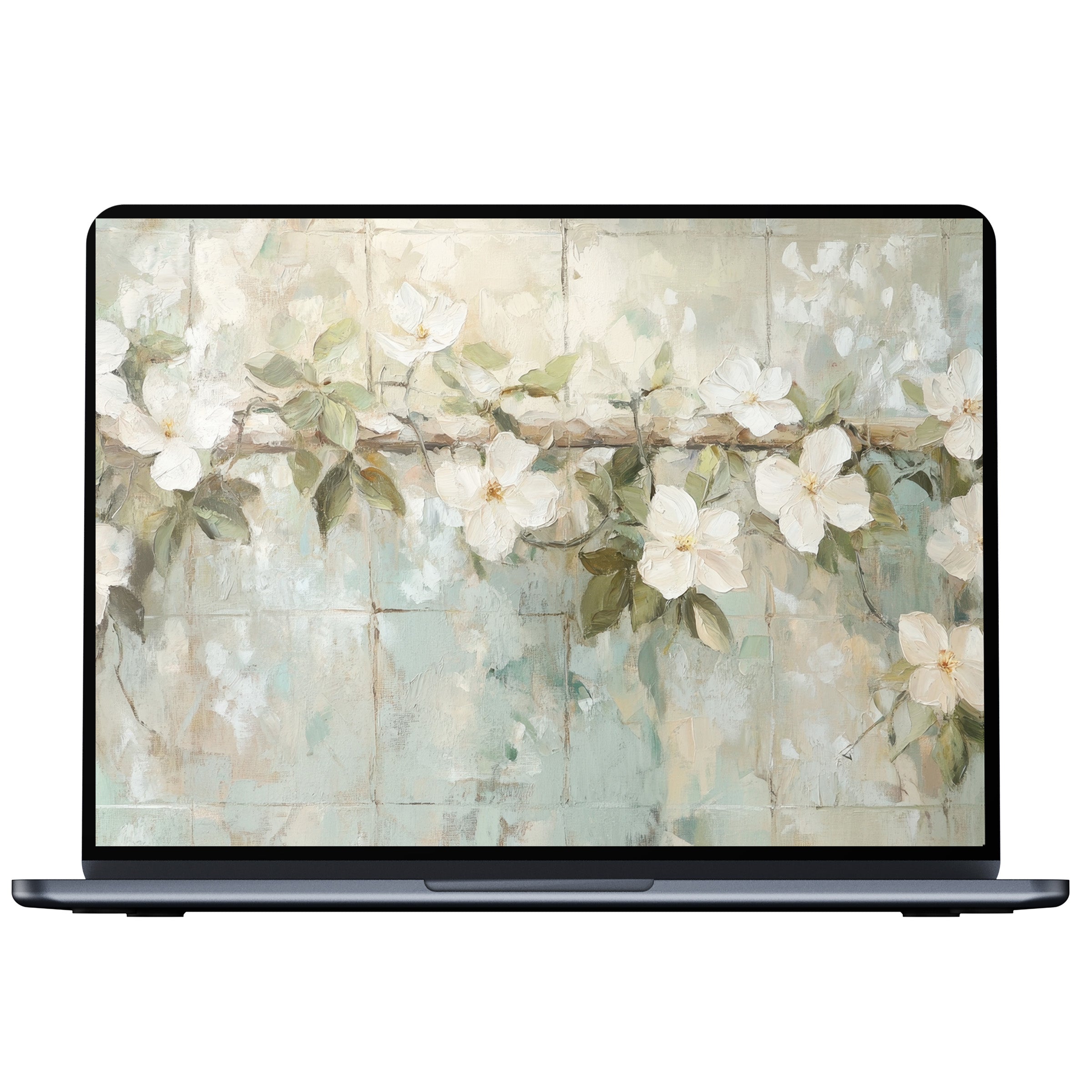 Elegant botanical desktop wallpaper with serene white flowers and soft green tones, perfect digital download for PC or laptop