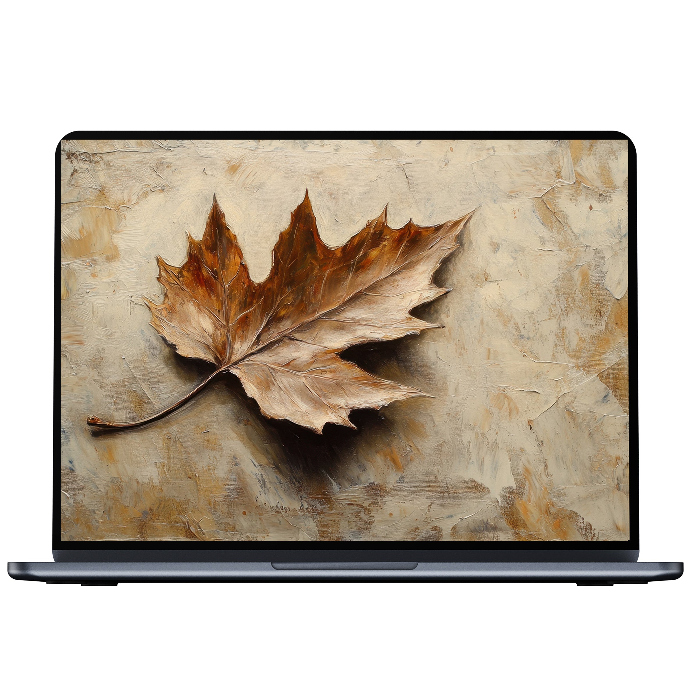 Elegant botanical desktop wallpaper featuring a textured autumn leaf painting, offering a serene digital download for PC or laptop use