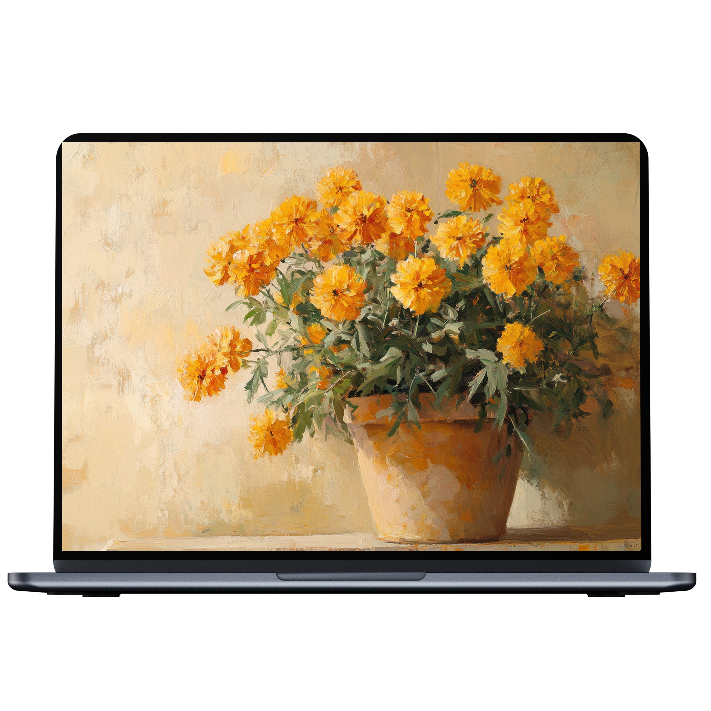 Elegant botanical desktop wallpaper featuring vibrant marigolds in a terracotta pot for calming digital download on PC or Laptop