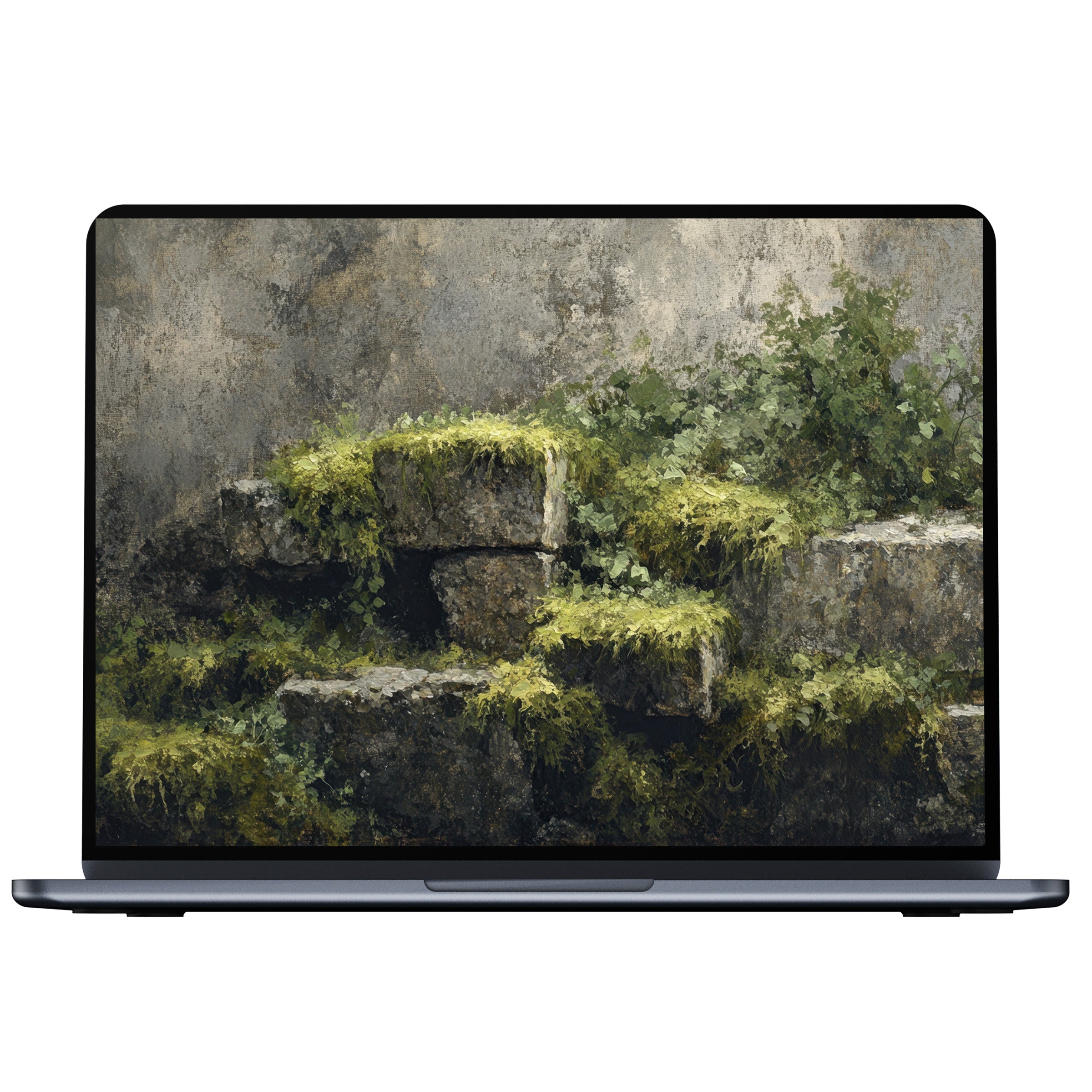 Botanical desktop wallpaper digital download offers serene moss-covered rocks, perfect for PC, Laptop, or Mac creating mindful inspiration