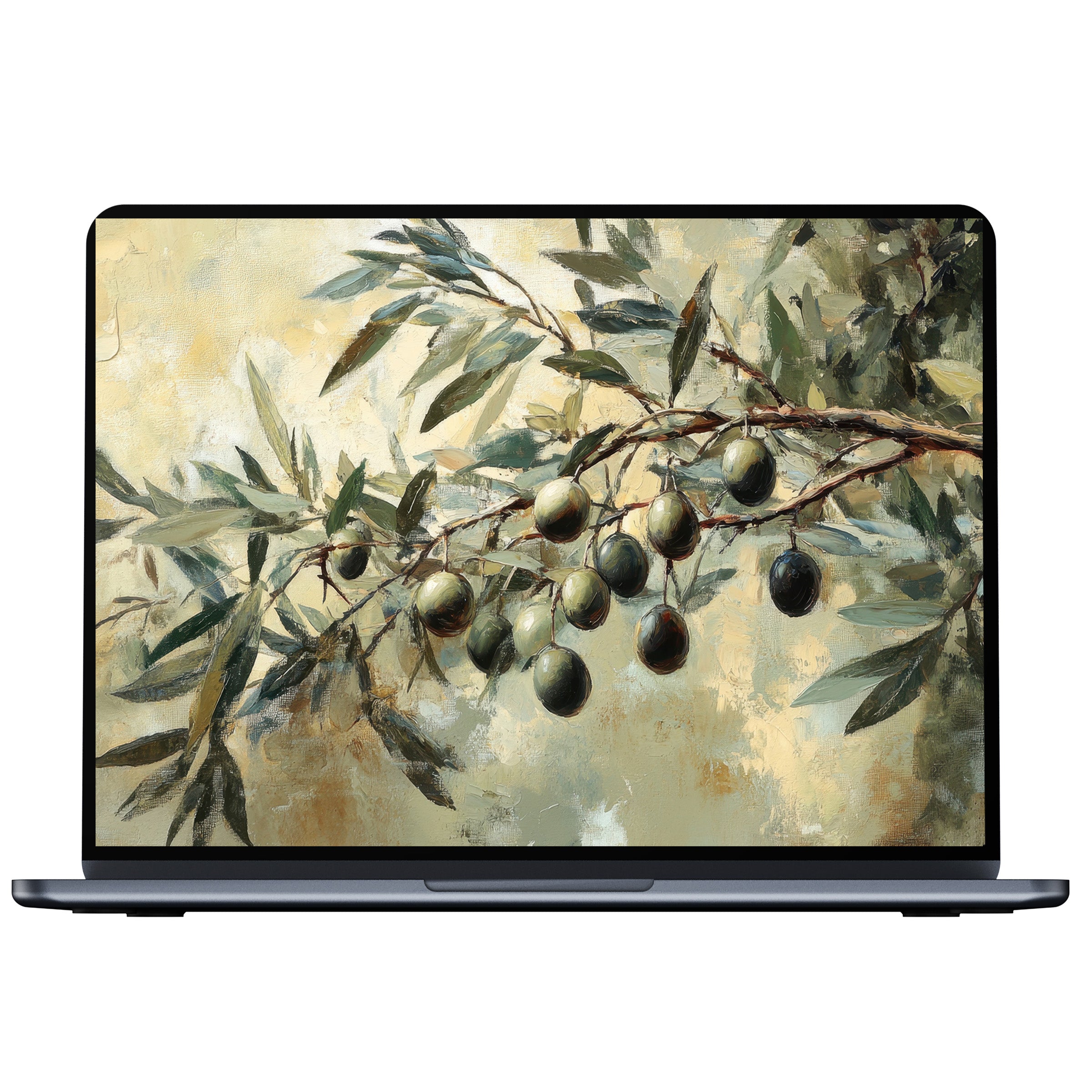 Elegant botanical desktop wallpaper with textured olive branch, perfect digital download for PC, laptop, or Mac creating calm