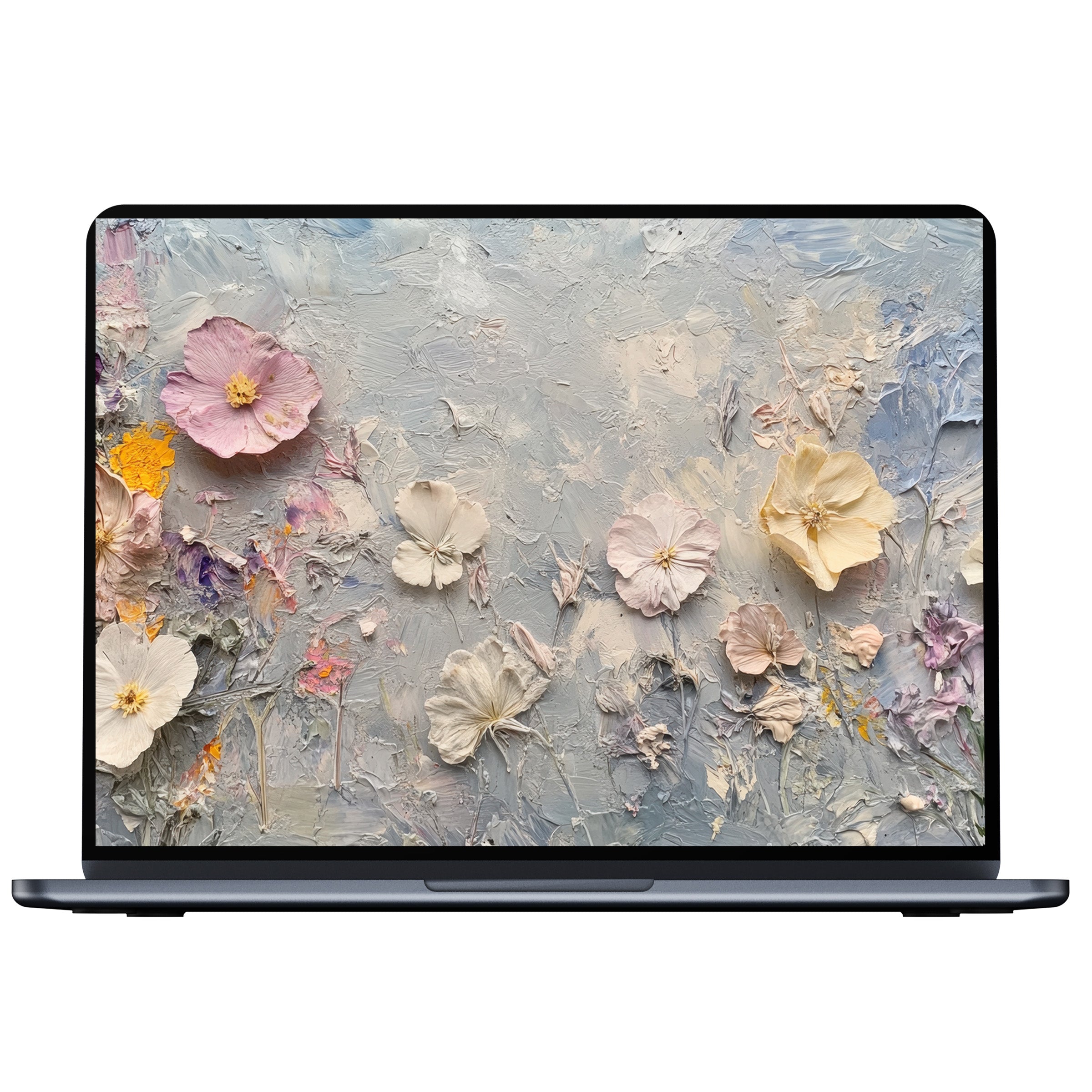 Elegant botanical desktop wallpaper digital download featuring pastel flowers on textured canvas ideal for PC and laptop tranquility