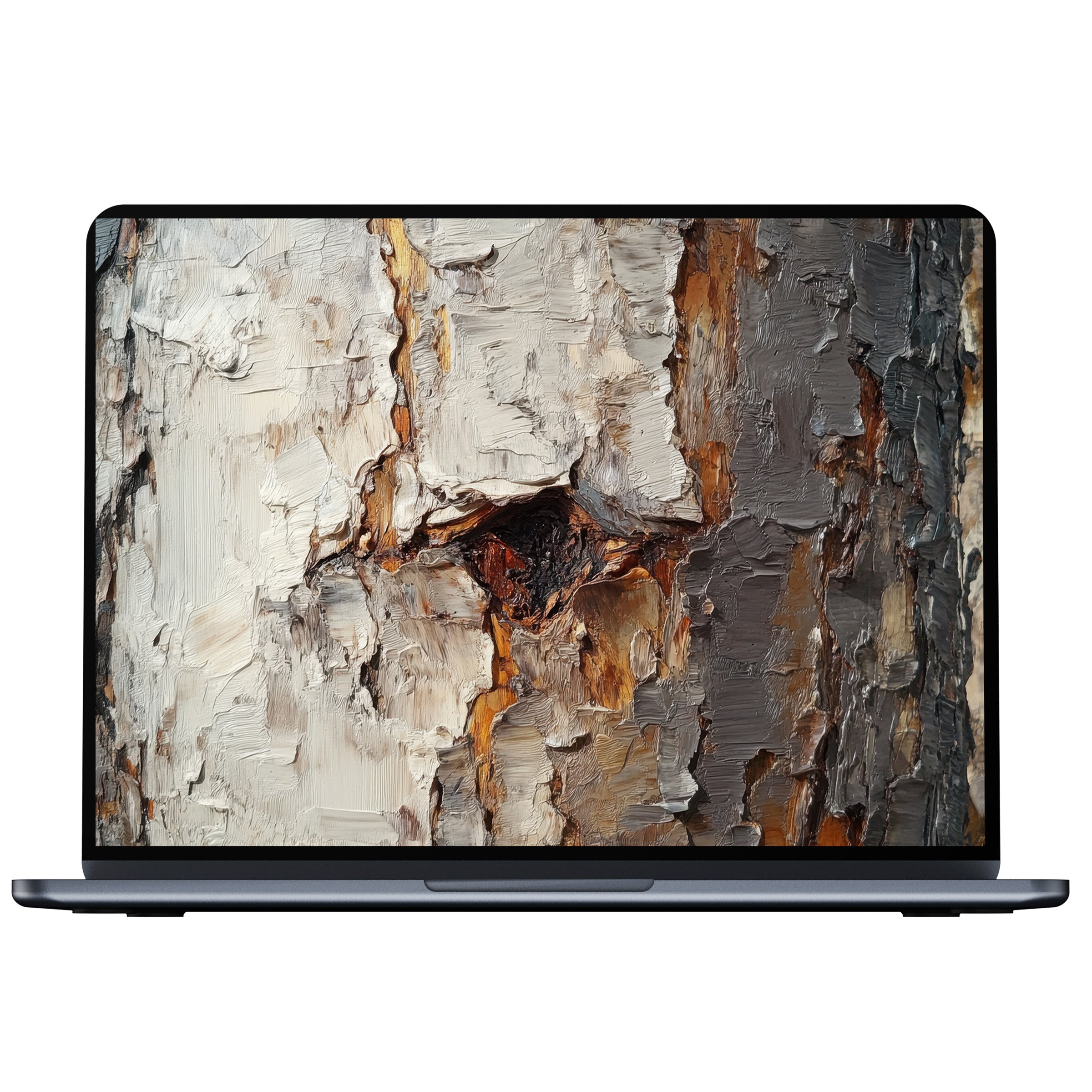 Elegant botanical desktop wallpaper with textured wood bark in warm neutrals, a digital download for PC, Laptop, and Mac users