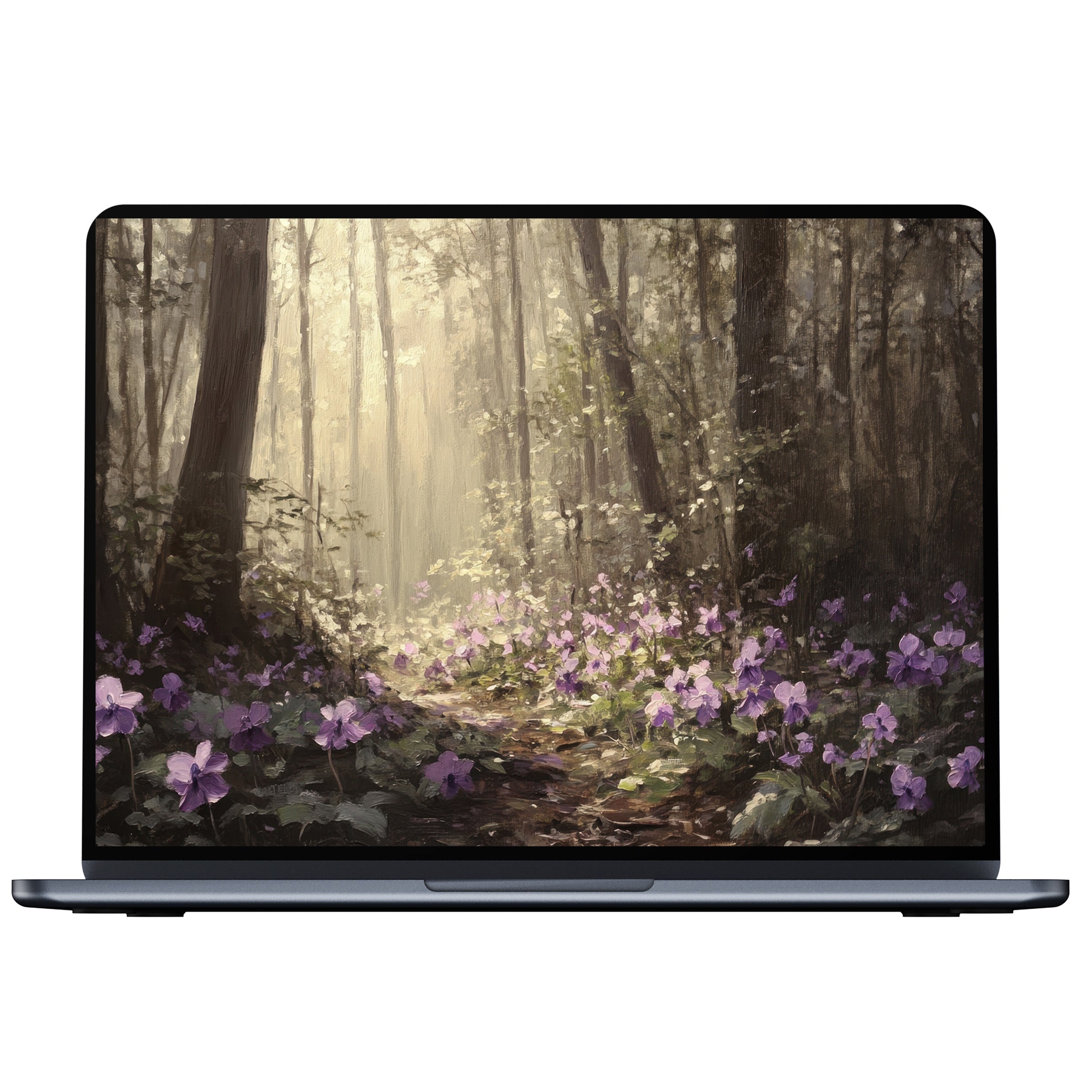Botanical desktop wallpaper featuring a serene forest with purple flowers and soft light, perfect digital download for PC and laptop