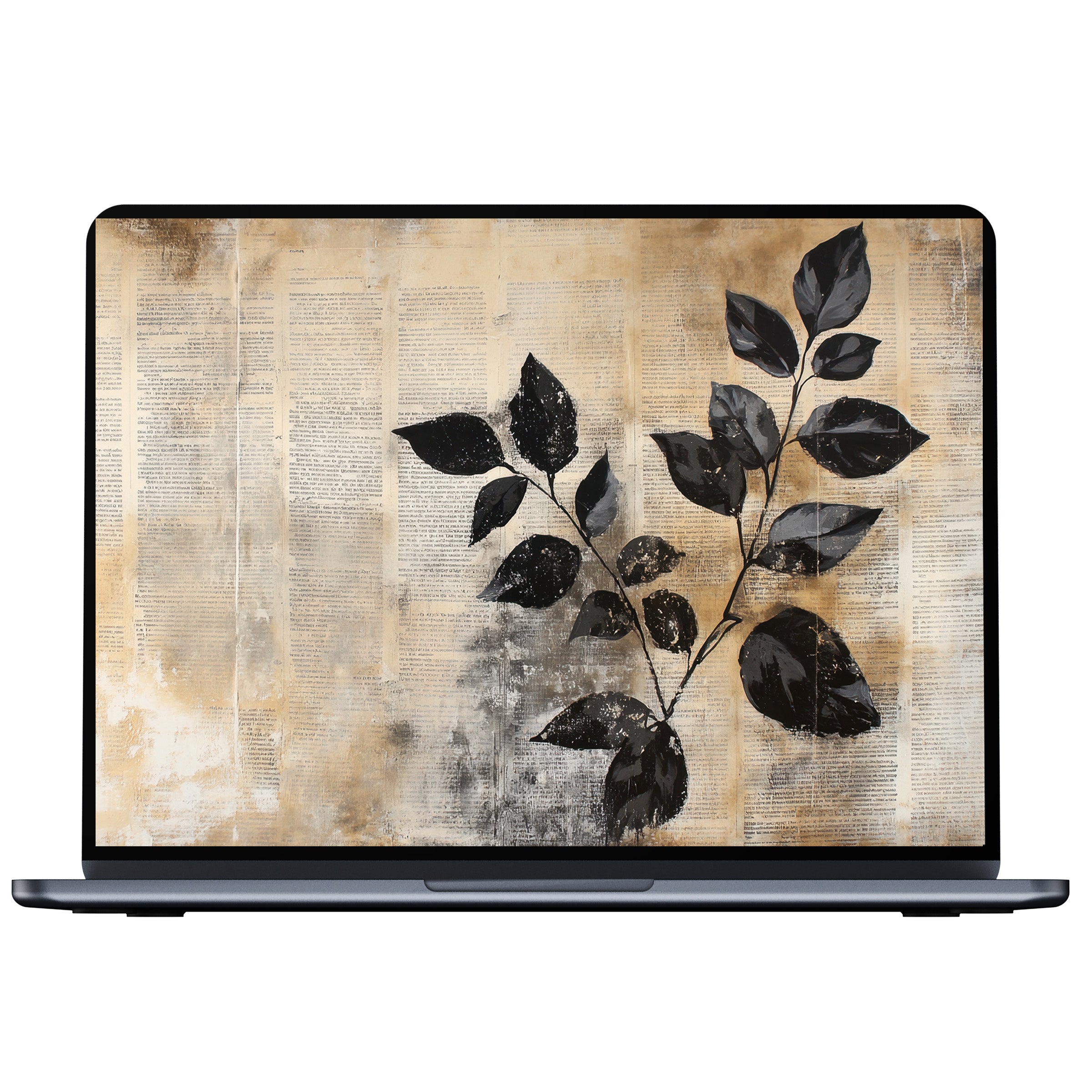 Elegant botanical desktop wallpaper digital download for PC or laptop featuring a vintage leaf design on textured sepia tones