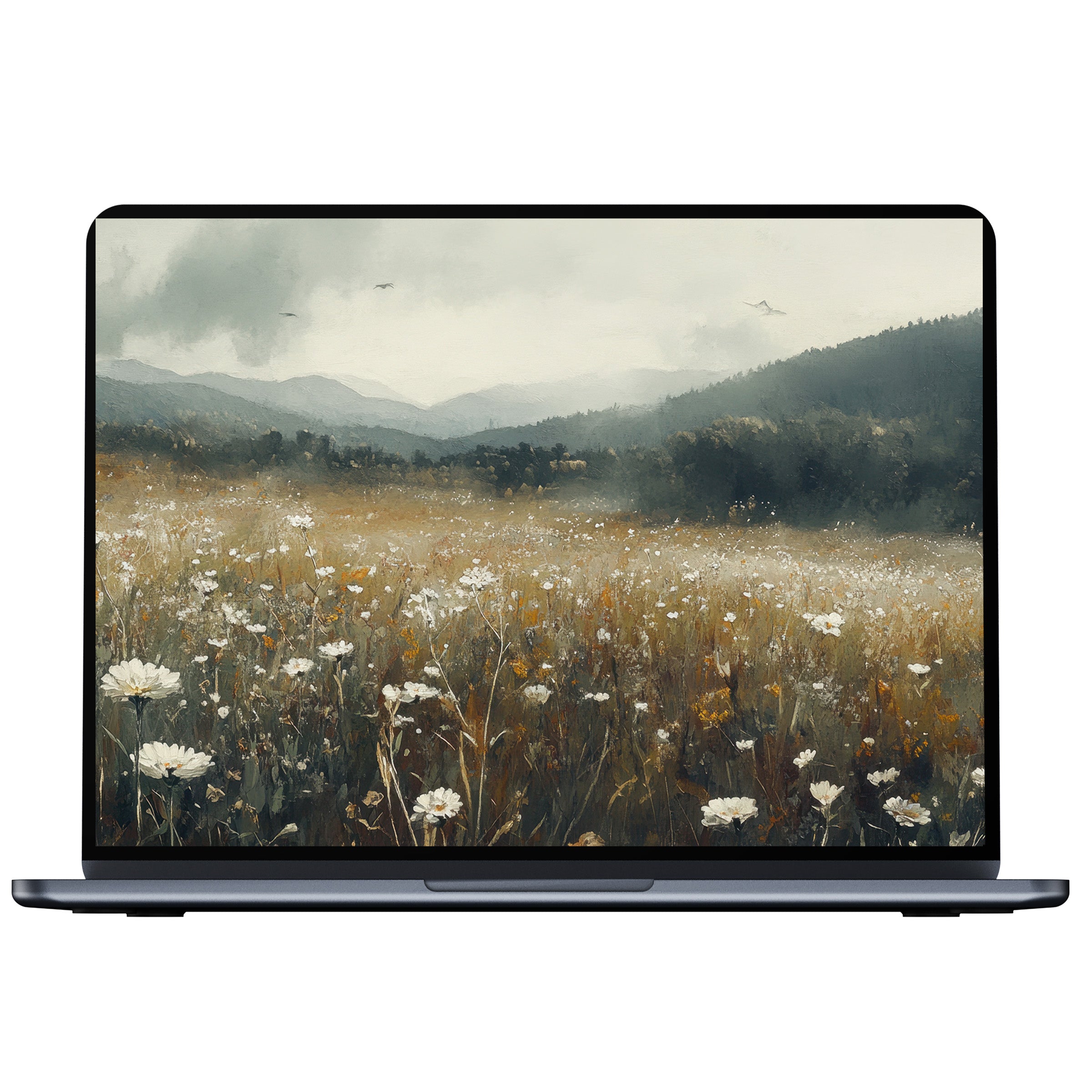 Elegant botanical desktop wallpaper digital download featuring a serene field and distant mountains perfect for PC and laptop screens