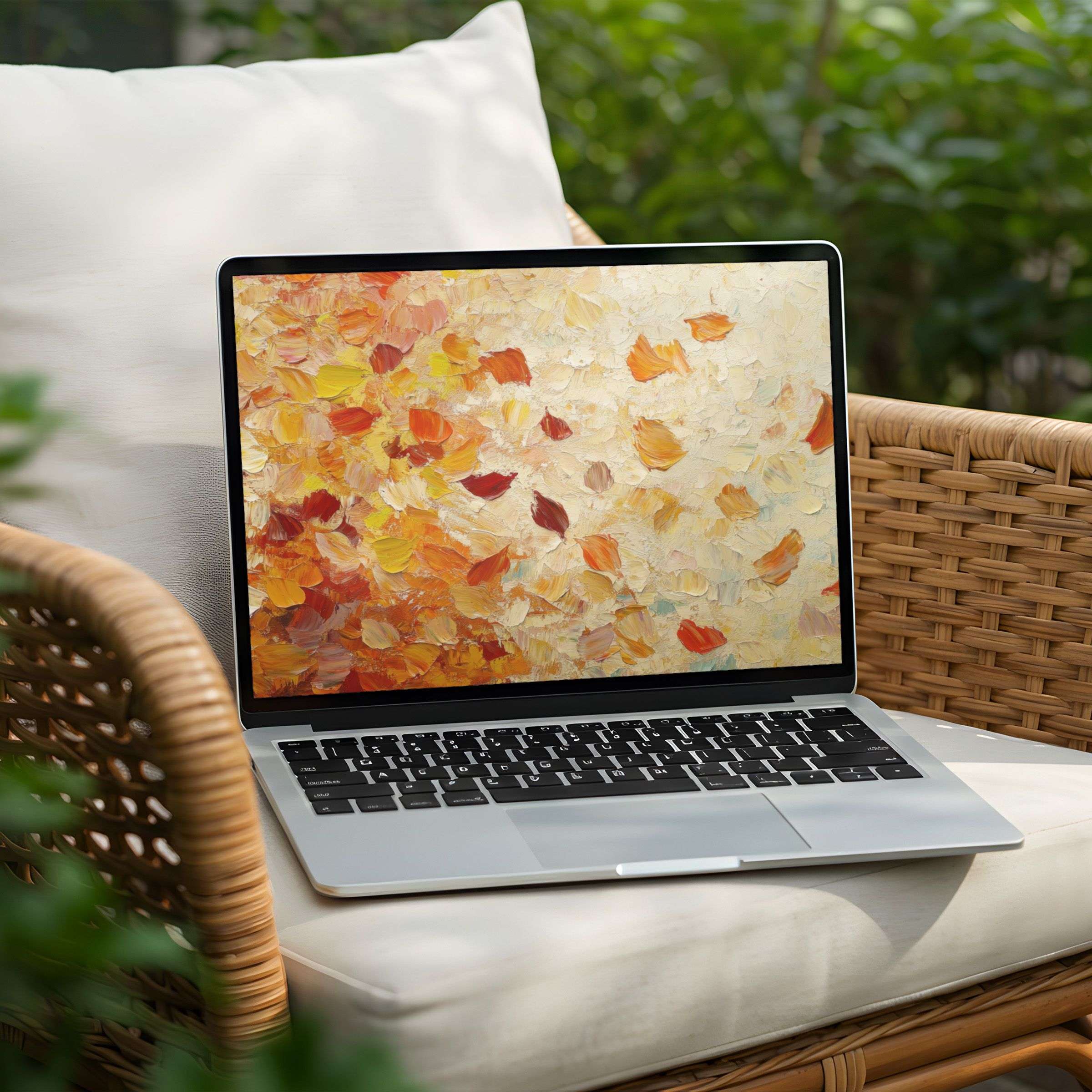 Inspired autumn leaves in a calming digital painting offer instant download for your desktop background on PC or Laptop