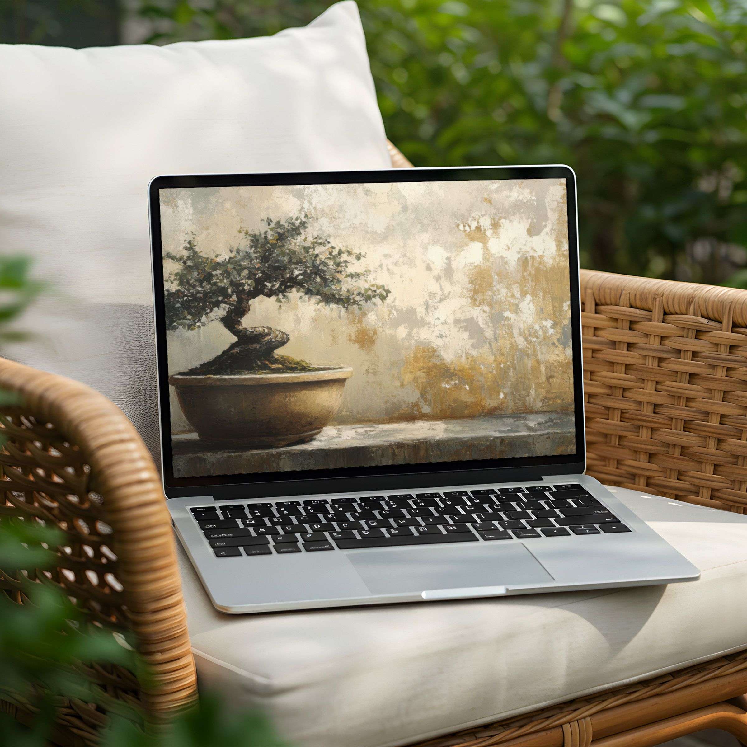 Serene bonsai art for an elegant desktop background on PC or Laptop offers instant download to inspire calm mindfulness