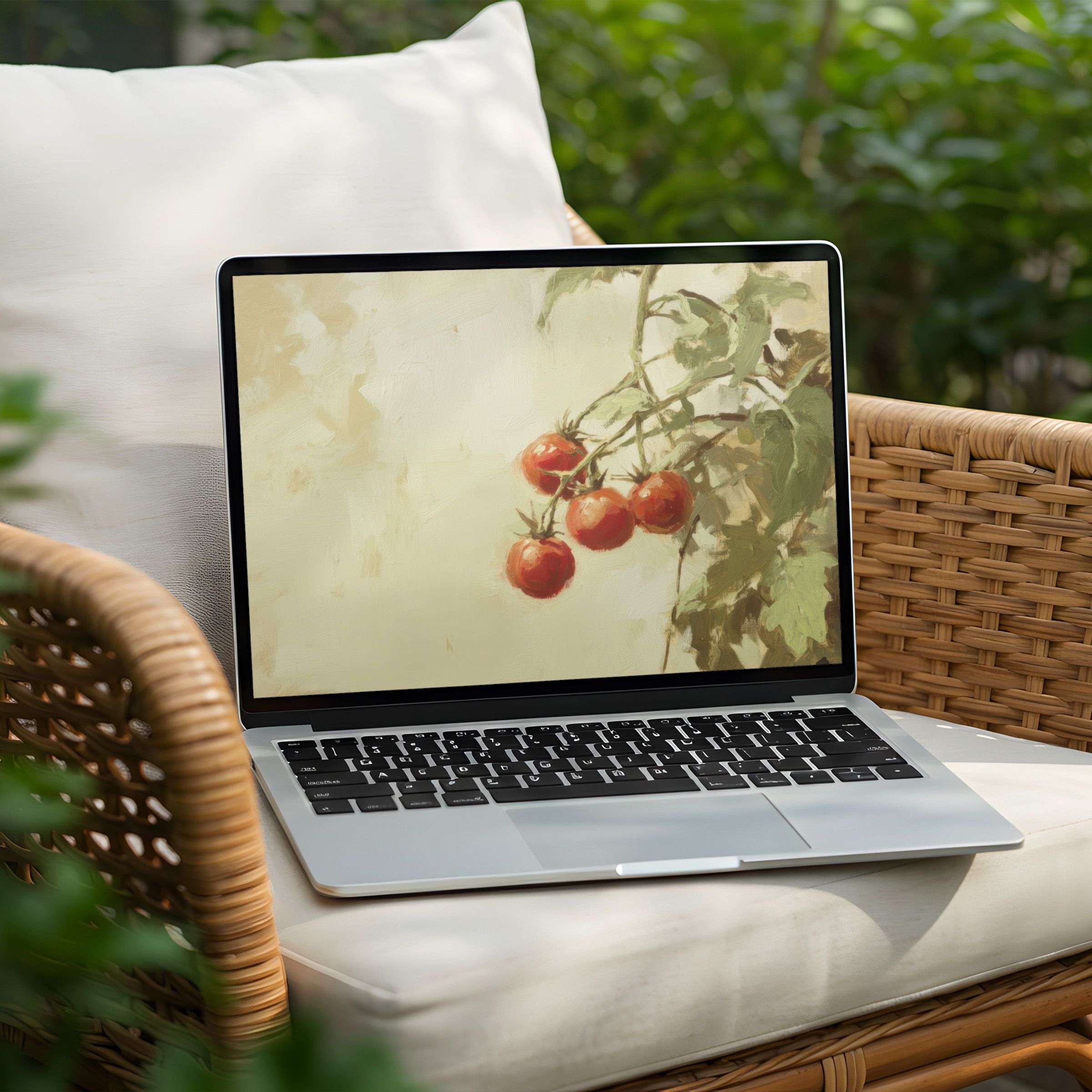 Elegant tomato art desktop background on a Laptop offers an instant download for mindfulness and inspiration on your PC