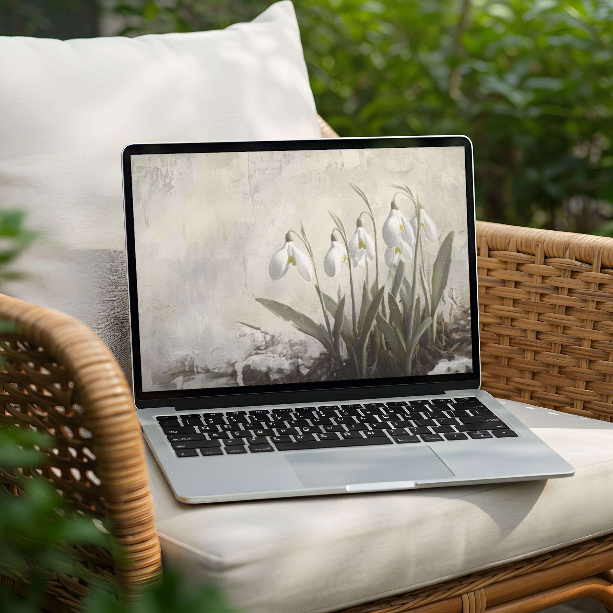 Elegant snowdrop artwork for desktop background on PC or Laptop offers instant download, inspiring calm and mindful elegance
