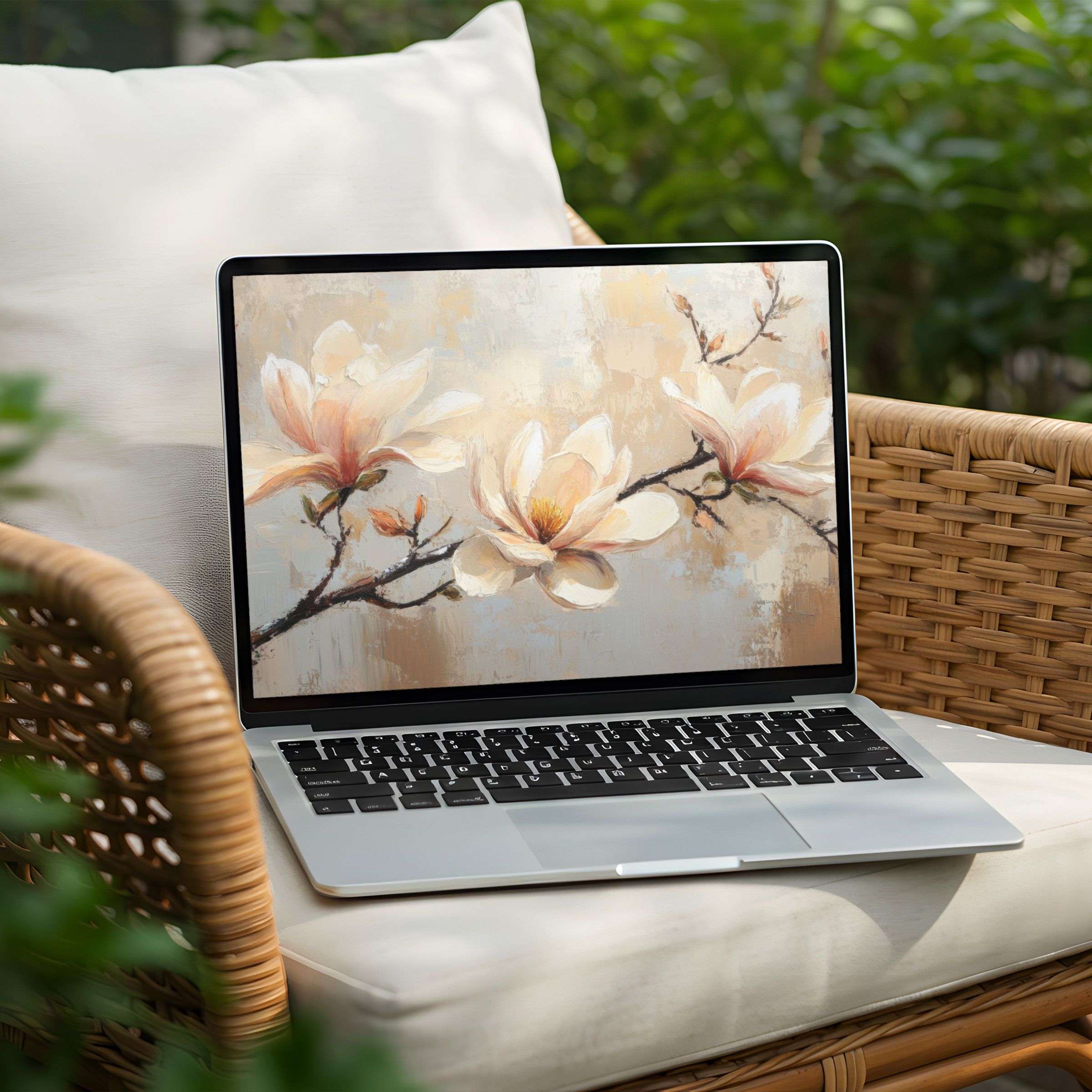 Elegant magnolia blooms on a serene desktop background for instant download, perfect for PC or Laptop to inspire calm and mindfulness