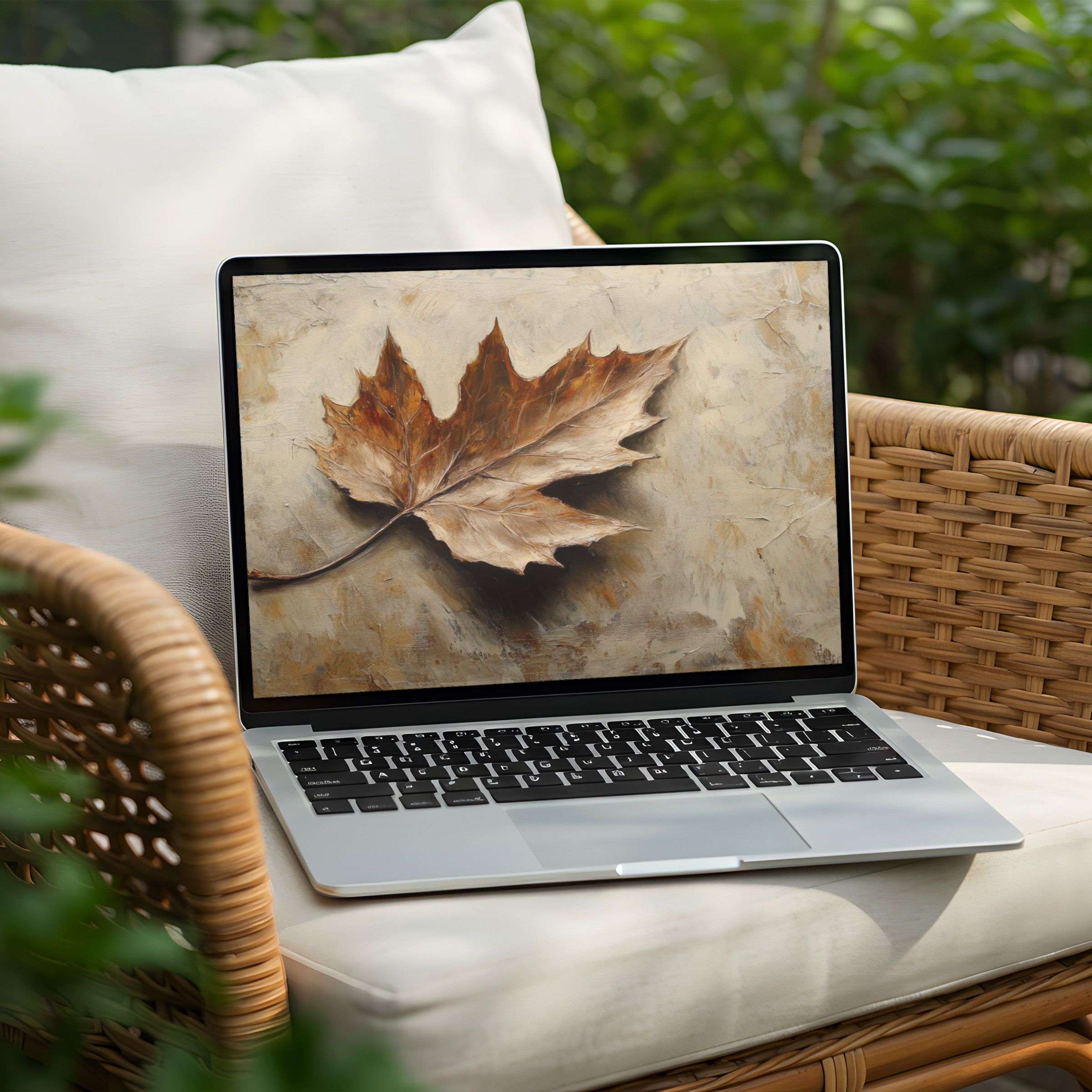 Elegant autumn leaf painting on PC desktop background for laptop instant download inspiring calm and mindful aesthetics