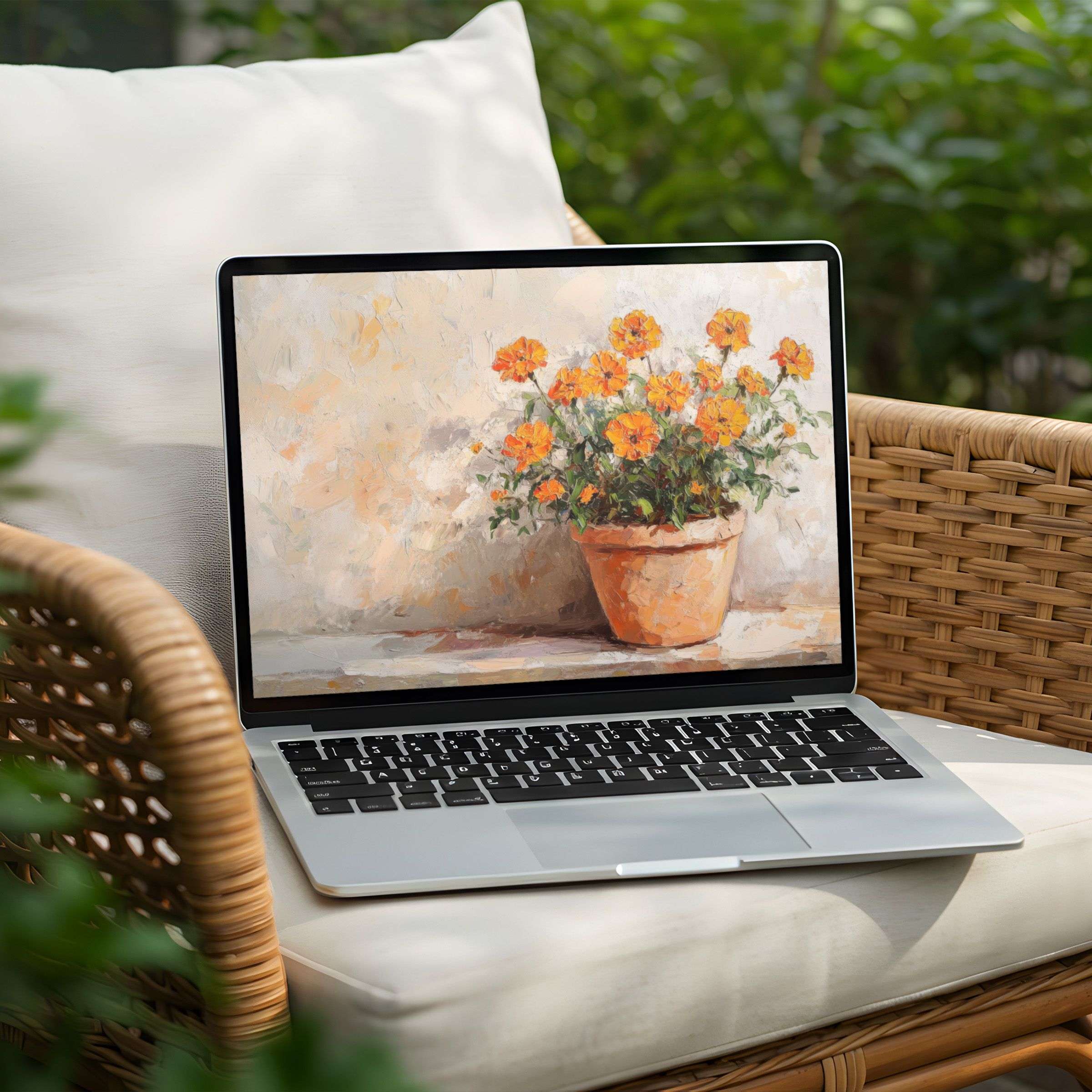 Elegant desktop background for PC or Laptop with vibrant orange potted flowers painting Instant download for serene inspiration
