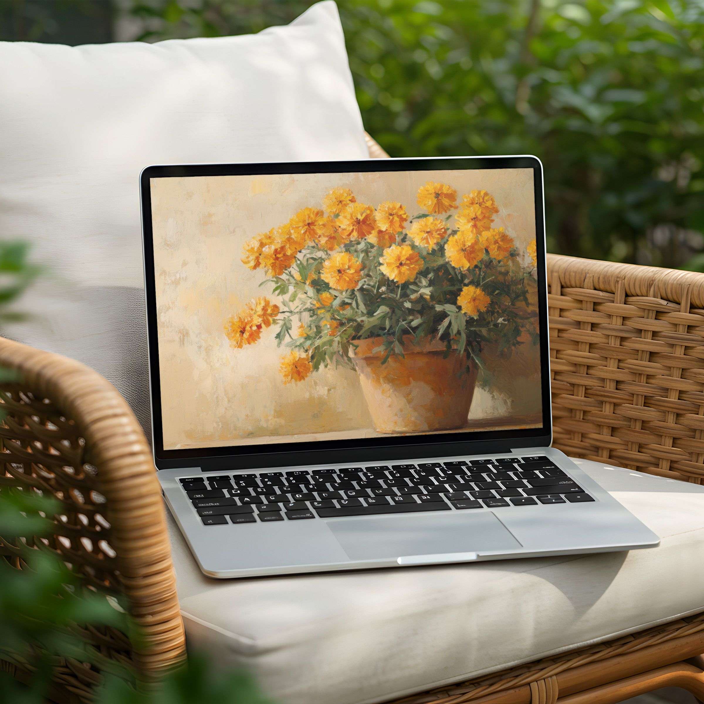 Elegant marigold art on PC for a calming desktop background Instant download for Laptop creates inspiration and mindfulness