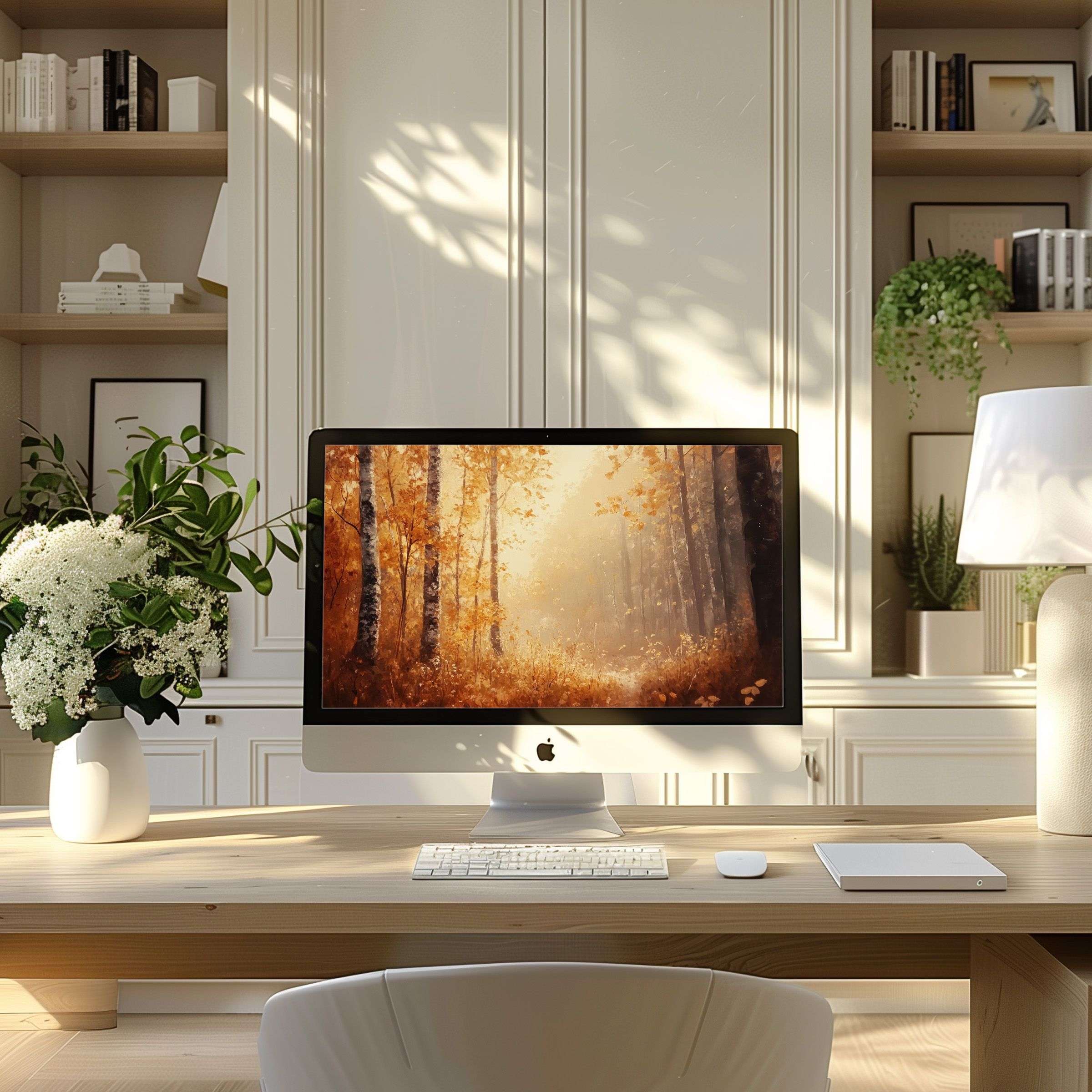 Elegant autumn forest wallpaper for computer inspires calm in a modern home office, perfect for PC or laptop digital download