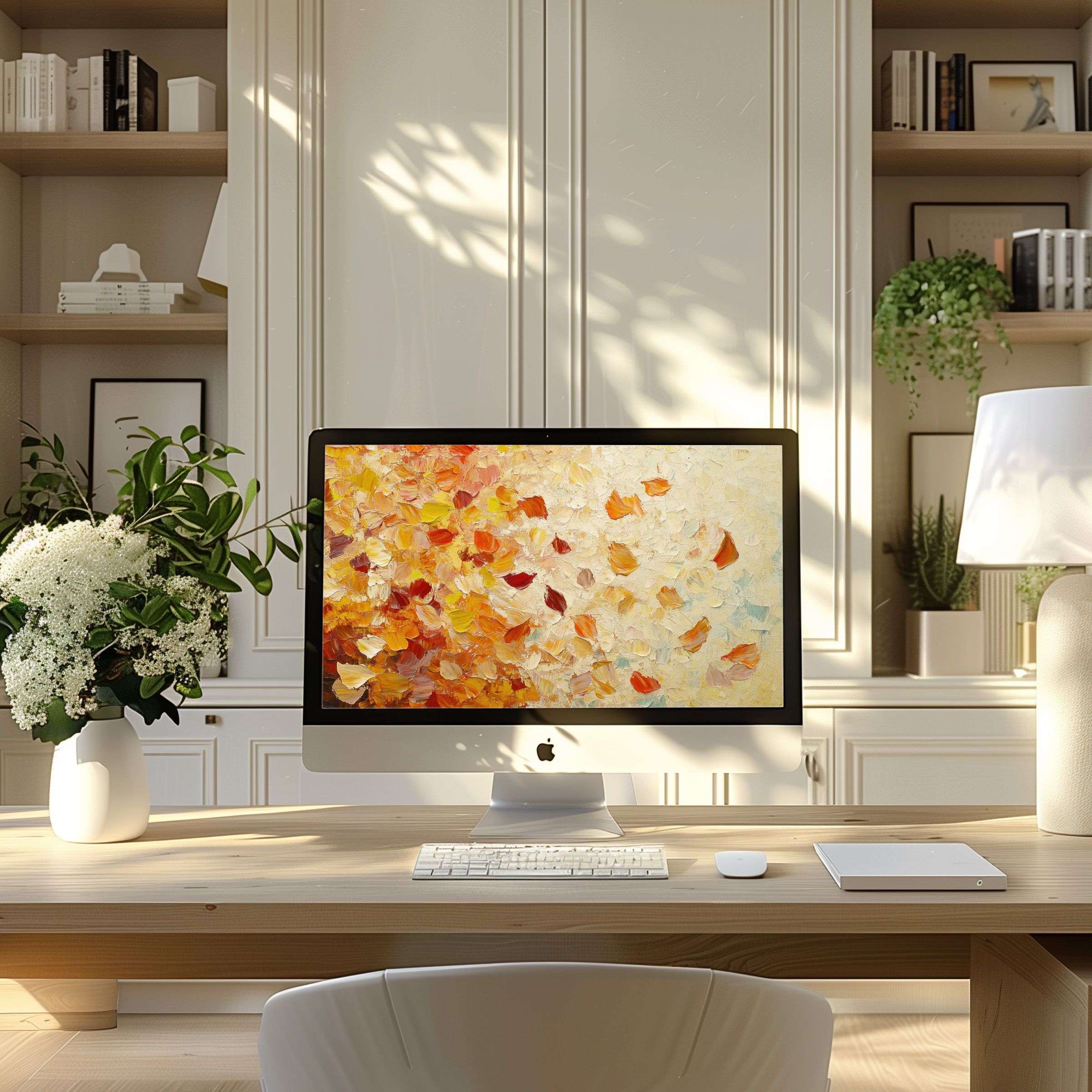 Elegant computer wallpaper featuring abstract autumn leaves in warm hues, perfect for PC, laptop, ultrawide download, inspiring calm
