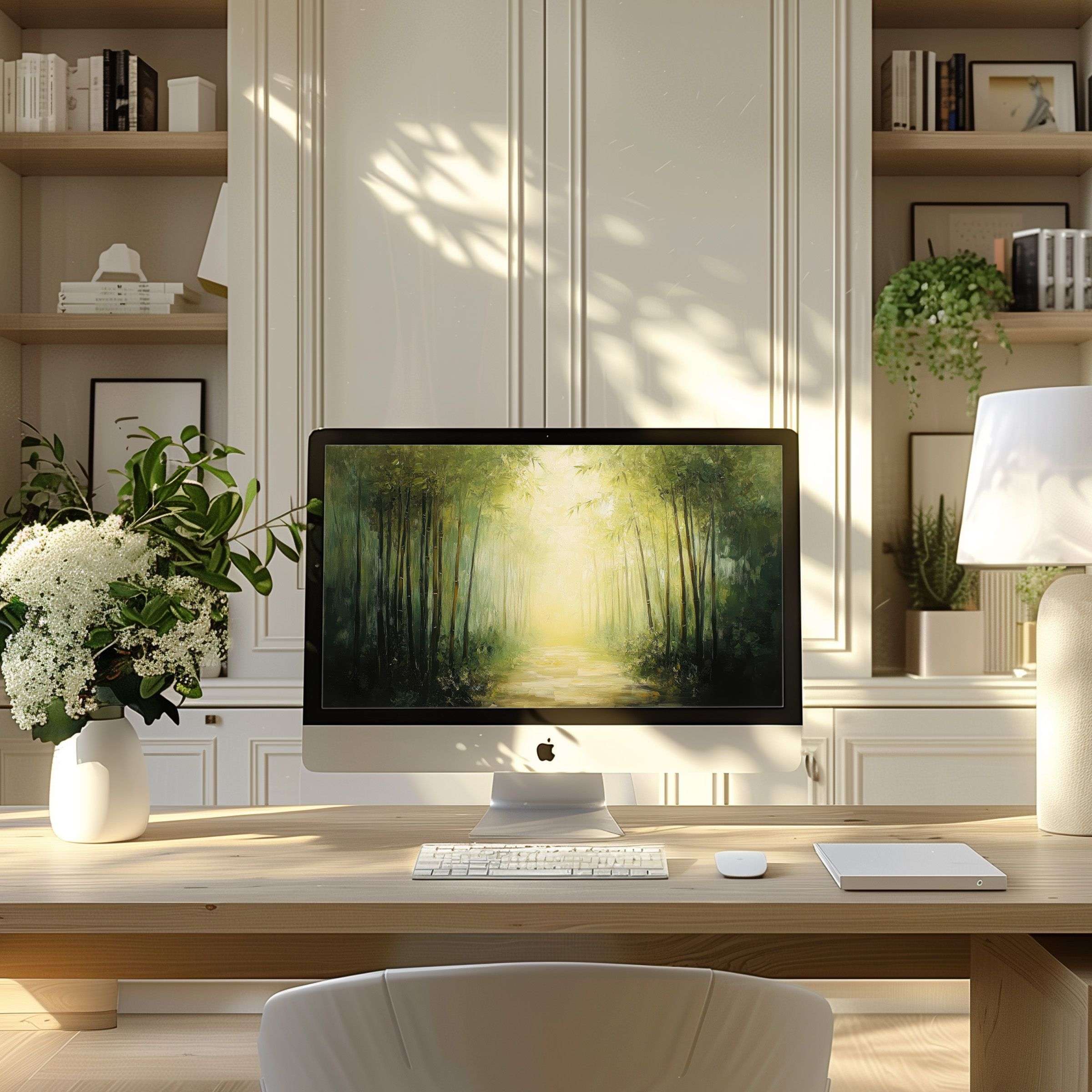 Elegant wallpaper for computer featuring serene green forest, perfect for PC or laptop in modern home office, inspiring calm tranquility